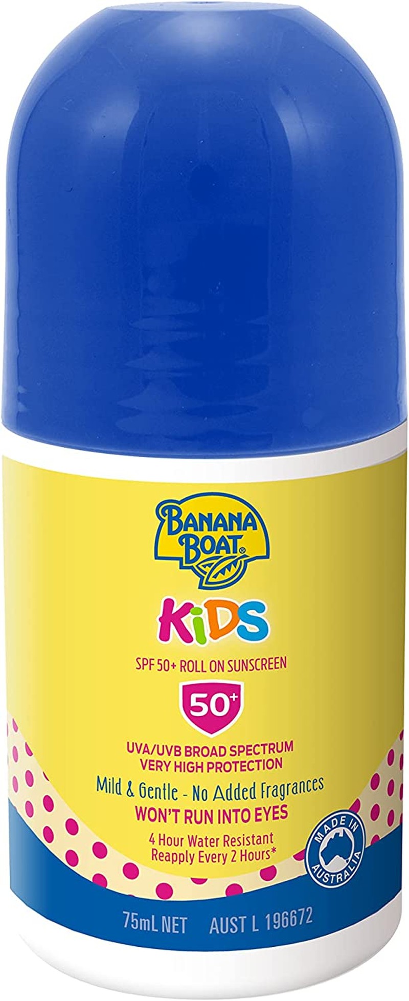 Banana Boat Kids Sunscreen Roll on SPF50+ 75Ml, UVA/UVB, Mild & Gentle, Fragrance-Free, 4-Hour Water Resistant, Made in Australia