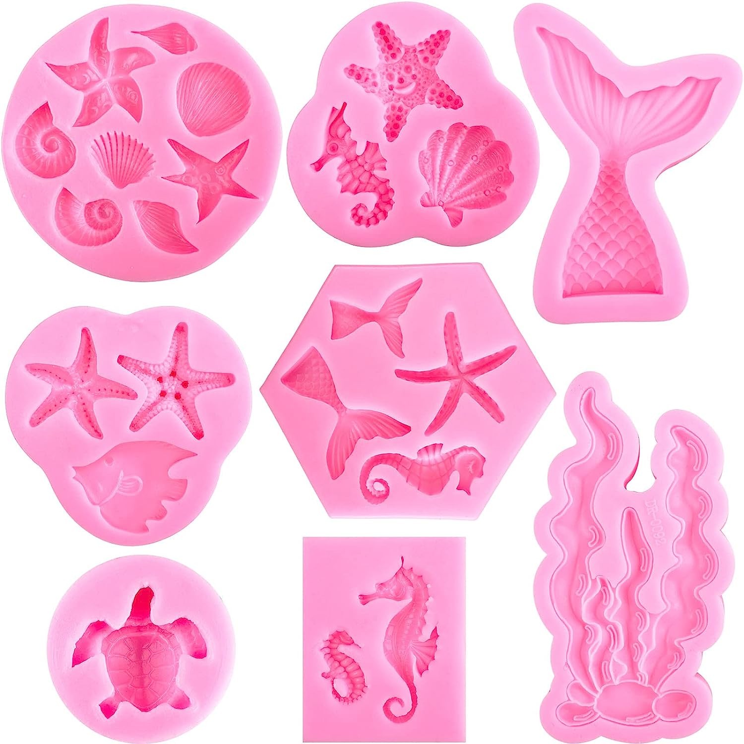 Marine Theme Fondant Silicone Mold （5 Pack）Mermaid Tail Mold Seashell Mold Starfish Mold Seahorse Mold Coral Mold Sea Turtle Chocolate Candy Molds for Mermaid Theme Party Cake Decoration