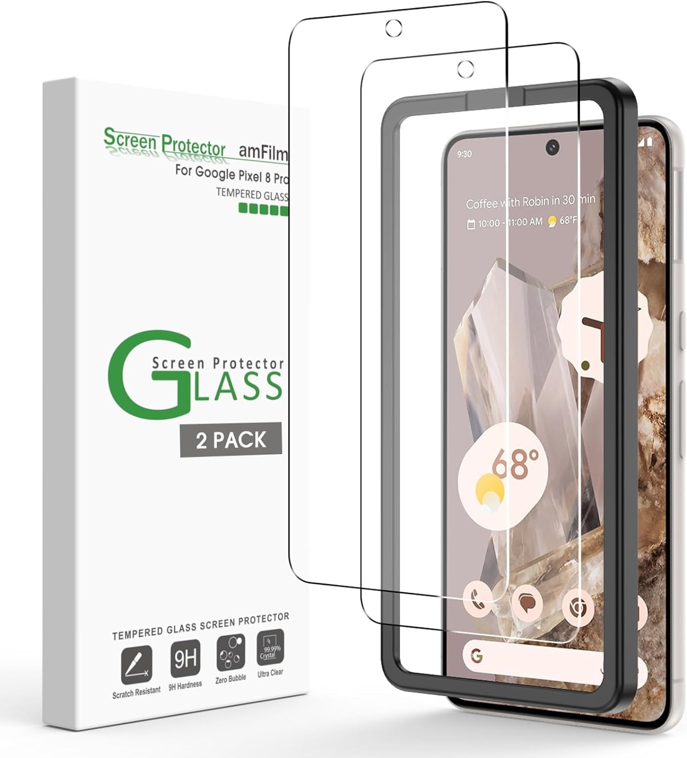 Amfilm [2 Pack] Tempered Glass Screen Protector Guard for Google Pixel 8 Pro 6.7 Inch 2023, 0.33Mm Thickness, HD Clear, Anti-Scratch, Bubbles-Free, Case Friendly