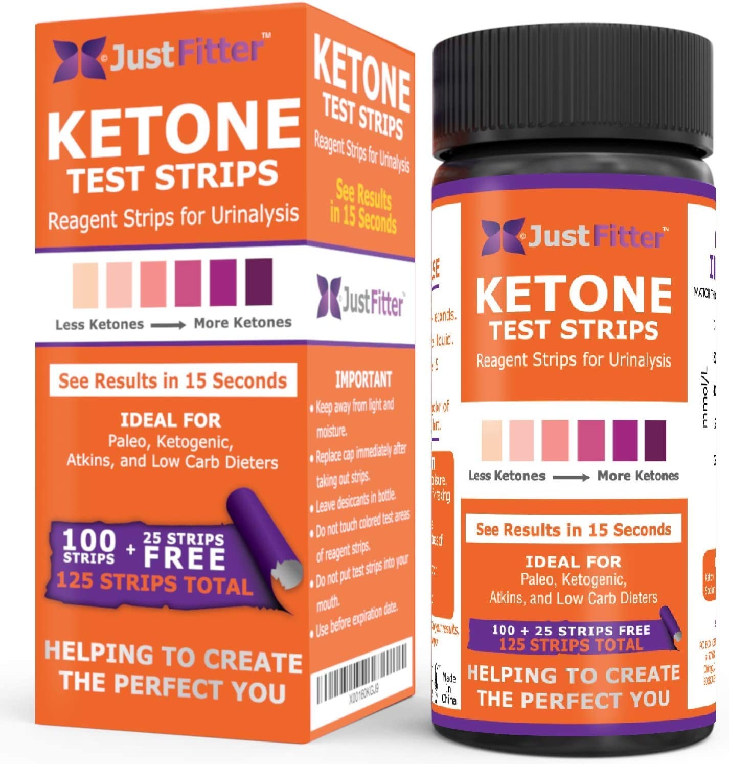 Just Fitter Ketone Test Strips. Look & Feel Fabulous on a Low Carb Ketogenic or HCG Diet. Get Your Body Back! Accurately Measure Your Fat Burning Ketosis Levels in 15 Seconds. 125 Strips. (1 BOTTLE)