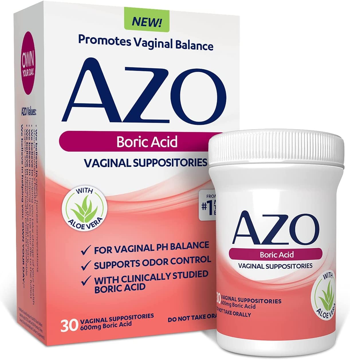 AZO Boric Acid Vaginal Suppositories, Helps Support Odor Control and Balance Vaginal PH with Clinically Studied Boric Acid, 30 Count