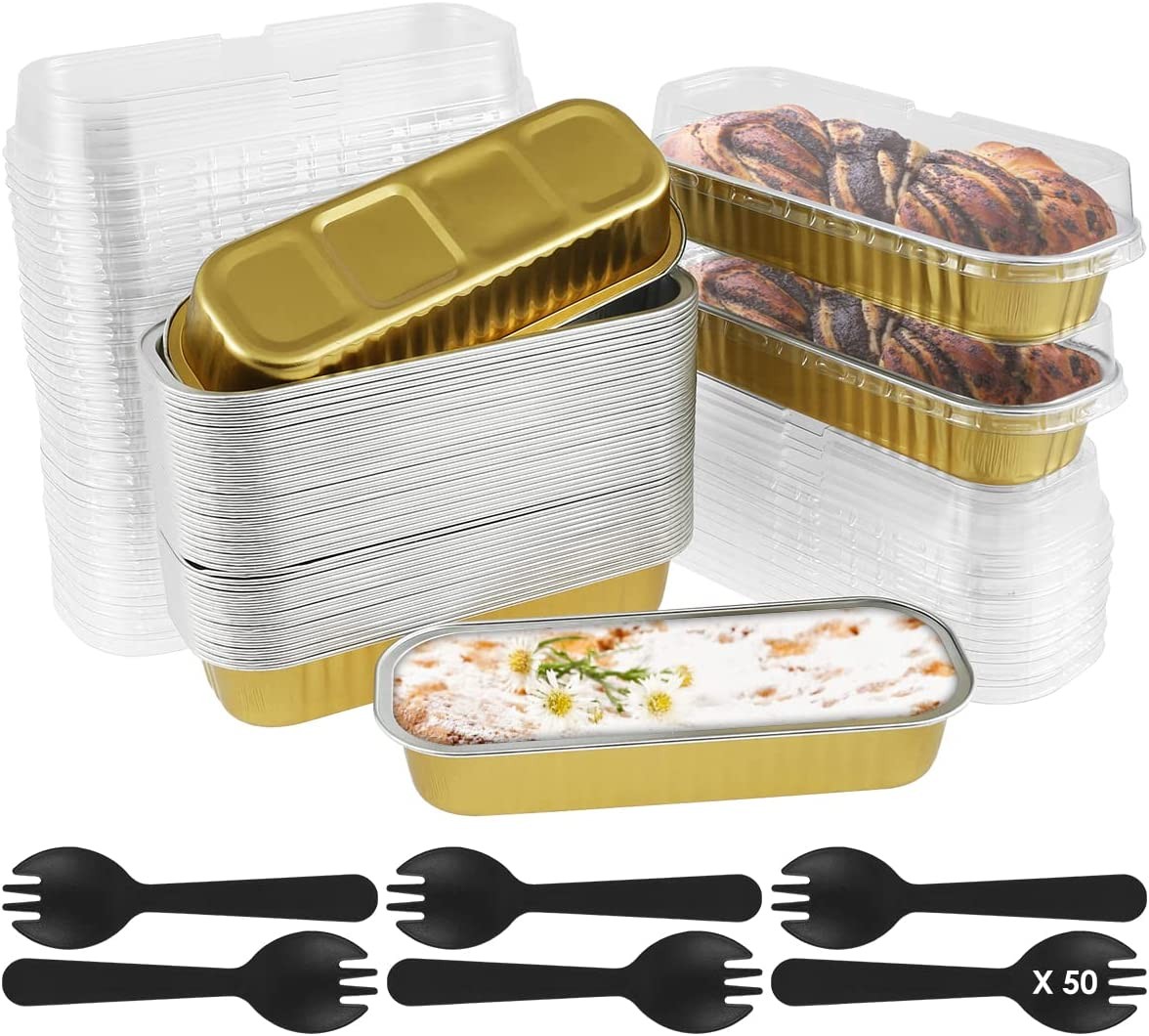 150Pcs Mini Loaf Pans with Lids and Spoons 200Ml Non-Stick Aluminum Foil Loaf Pans Reusable Square Foil Bread Container Heat-Resistant Narrow Cake Baking Pans for Home Kitchen