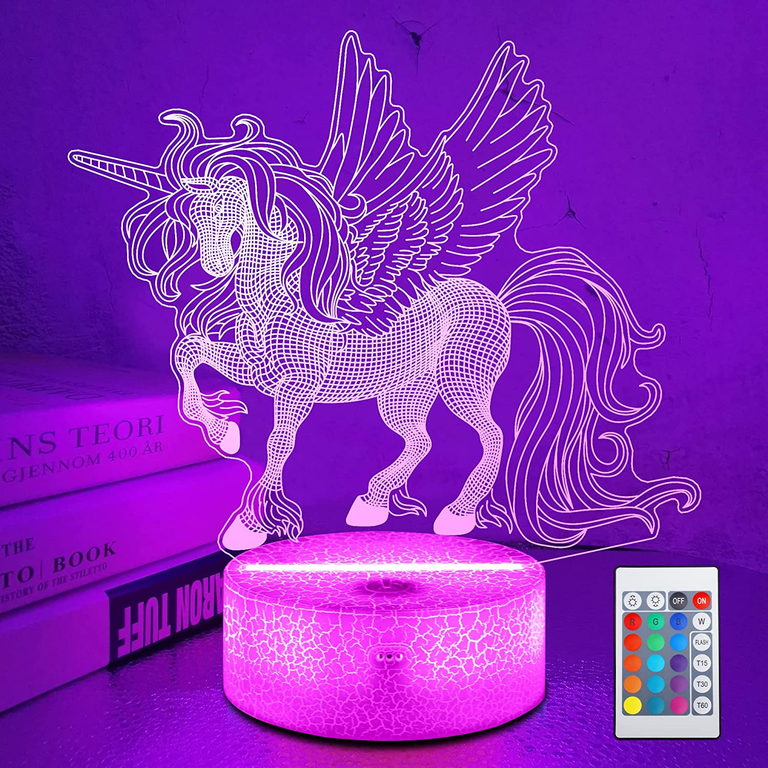 Lampeez 3D Unicorn Night Light,16 Colors Changing Remote Control LED Bedside Lamp, Unique Room Decor for Girls Kids Friend