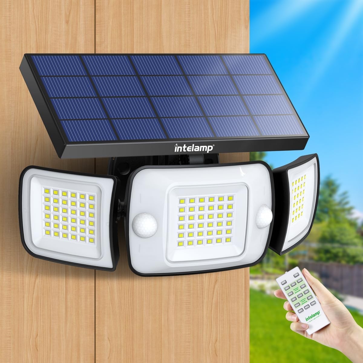 Intelamp Solar Outdoor Lights with Remote Control,Solar Motion Sensor Lights with Dual Sensors 6000Mah 1200LM Waterproof Solar Flood Lights Outdoor 270°Wide Angle Solar Security Lights with 4 Modes