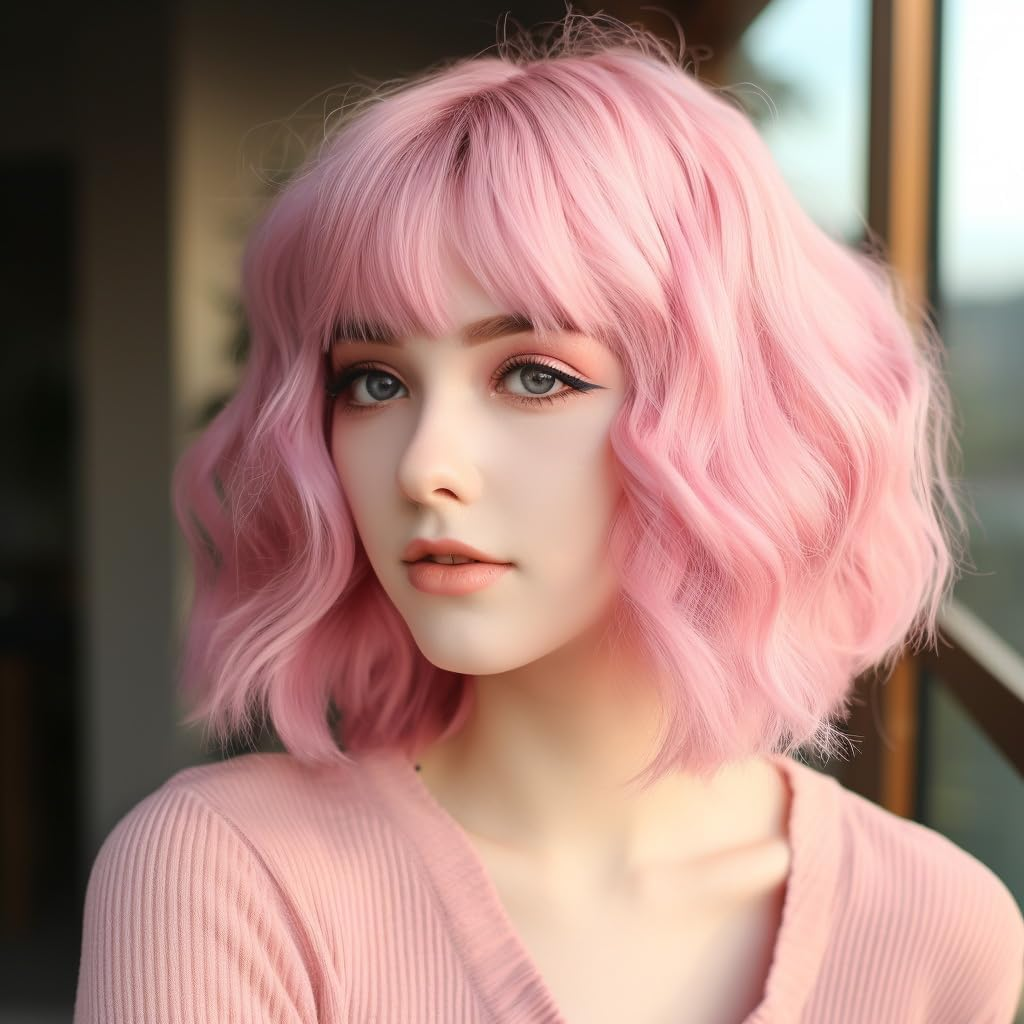 Pink Wigs for Women|Short Bob Pink Wig with Bangs|Synthetic Wavy Bob Wig with Air Bangs