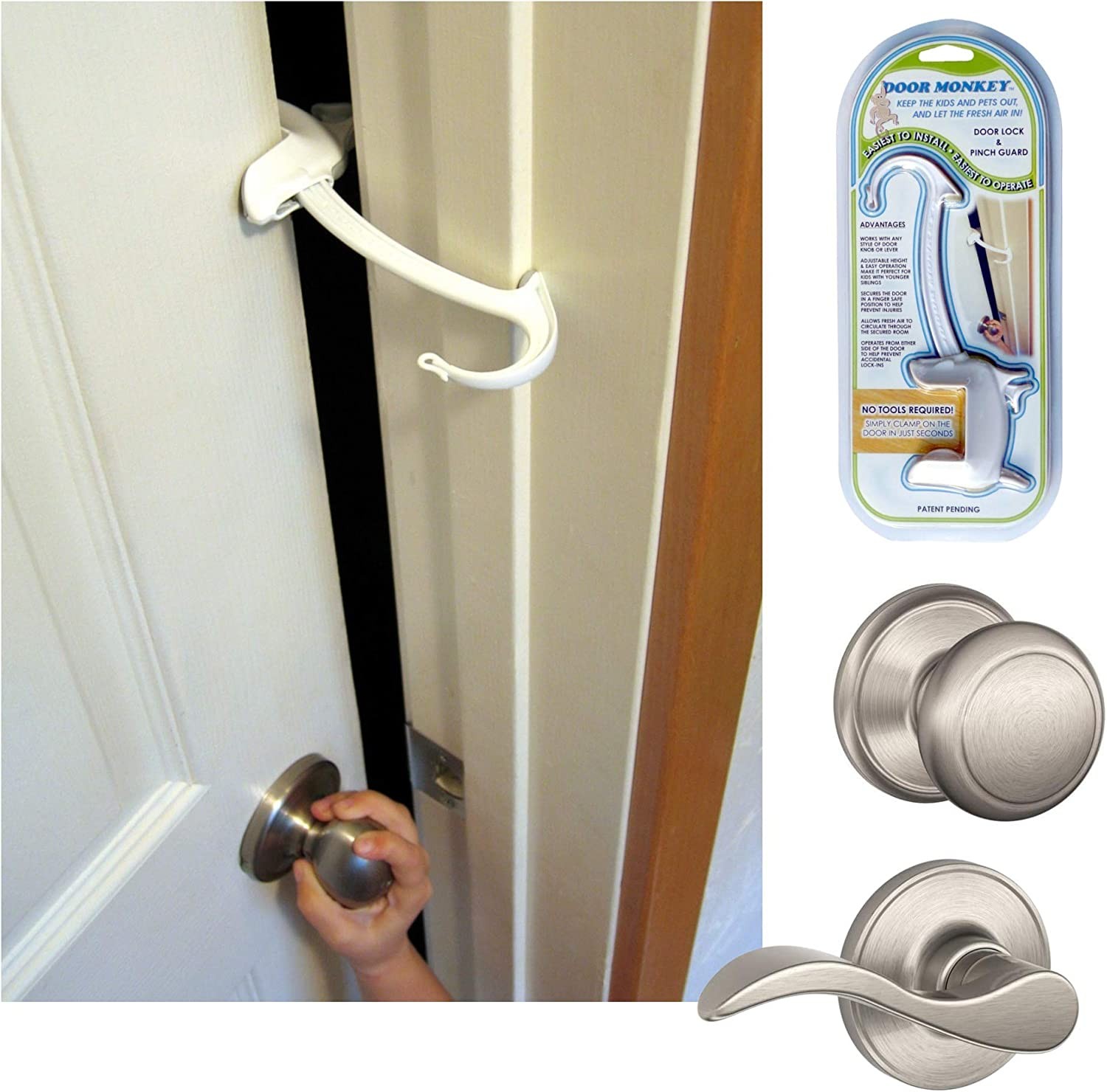 DOOR MONKEY Child Proof Door Lock & Pinch Guard – for Door Knobs & Lever Handles- Easy to Install-No Tools or Tape Required – Baby Safety Door Lock for Kids – Very Portable-Great for Dogs & Cats,White