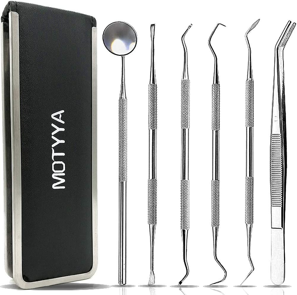 Dental Tools Professional Teeth Cleaning Tools Dental Plaque Remover Kit Stainless Steel Dental Picks Oral Care Set to Remover Tartar,Tooth Scraper,Mouth Mirror,Tooth Scaler Home Use by MOTYYA (6 Tools)