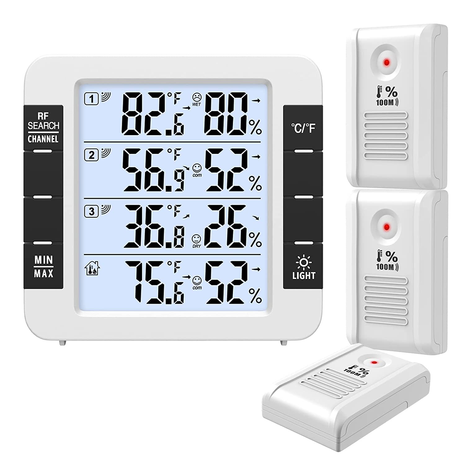 AMIR Upgraded Indoor Outdoor Thermometer, Digital Hygrometer Thermometer with 3 Wireless Sensors, Room Thermometer Humidity Meter with LCD Backlight, 4.6” Large Display Wireless Thermometer for Home