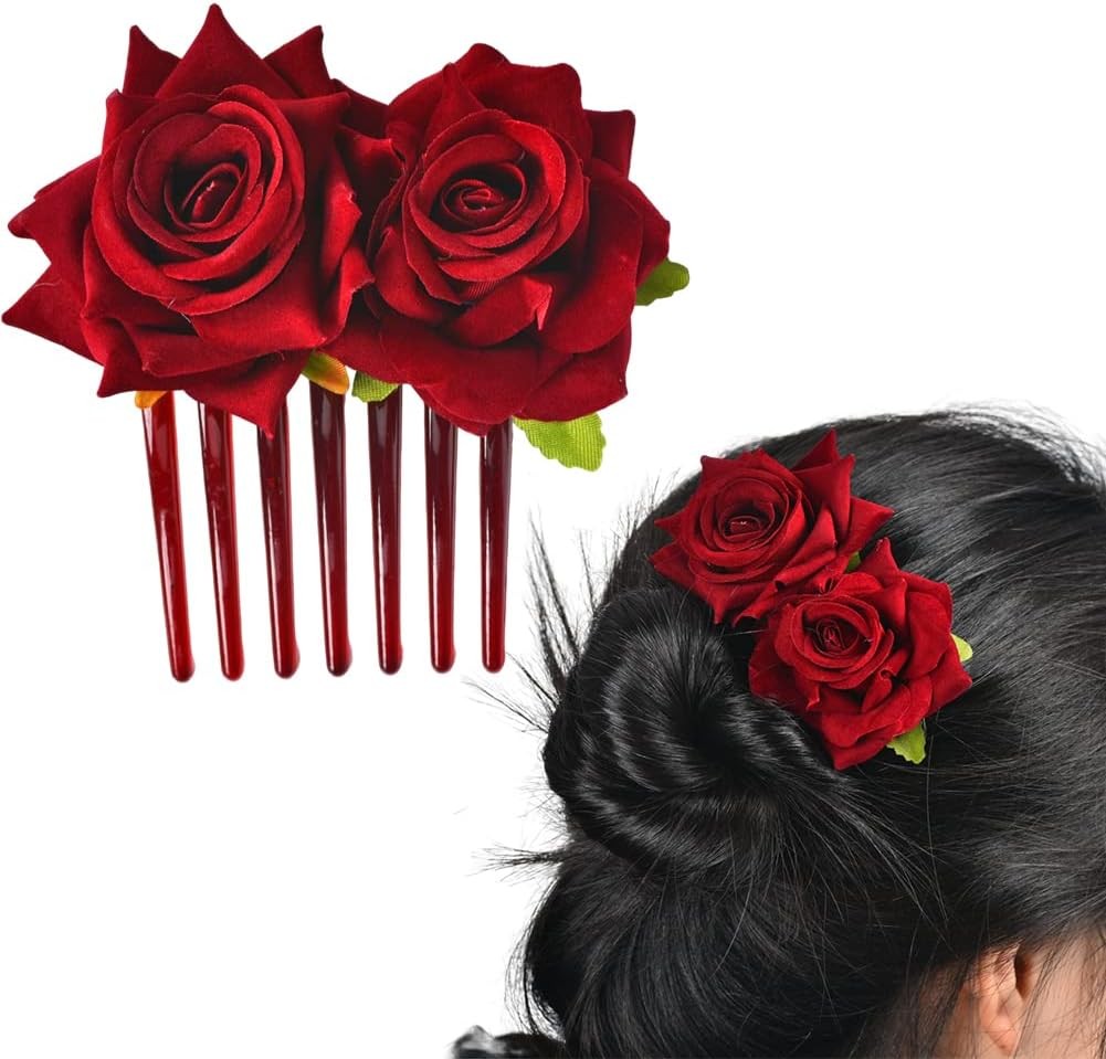 Rose Hair Clip Flowers Comb for Women Rose Flower Hair Pin Clips for Women Girls Burgundy Hair Accessories for Wedding Hair Side Combs for Brides Flower Hair Barrettes Clips