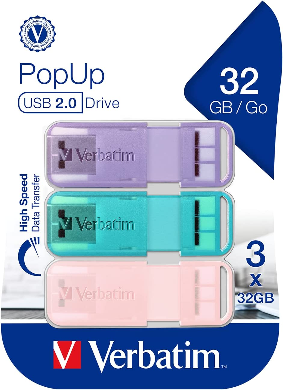 VERBATIM Pop-Up USB 2.0 32GB Triple Pack – Assorted Pastel Colours