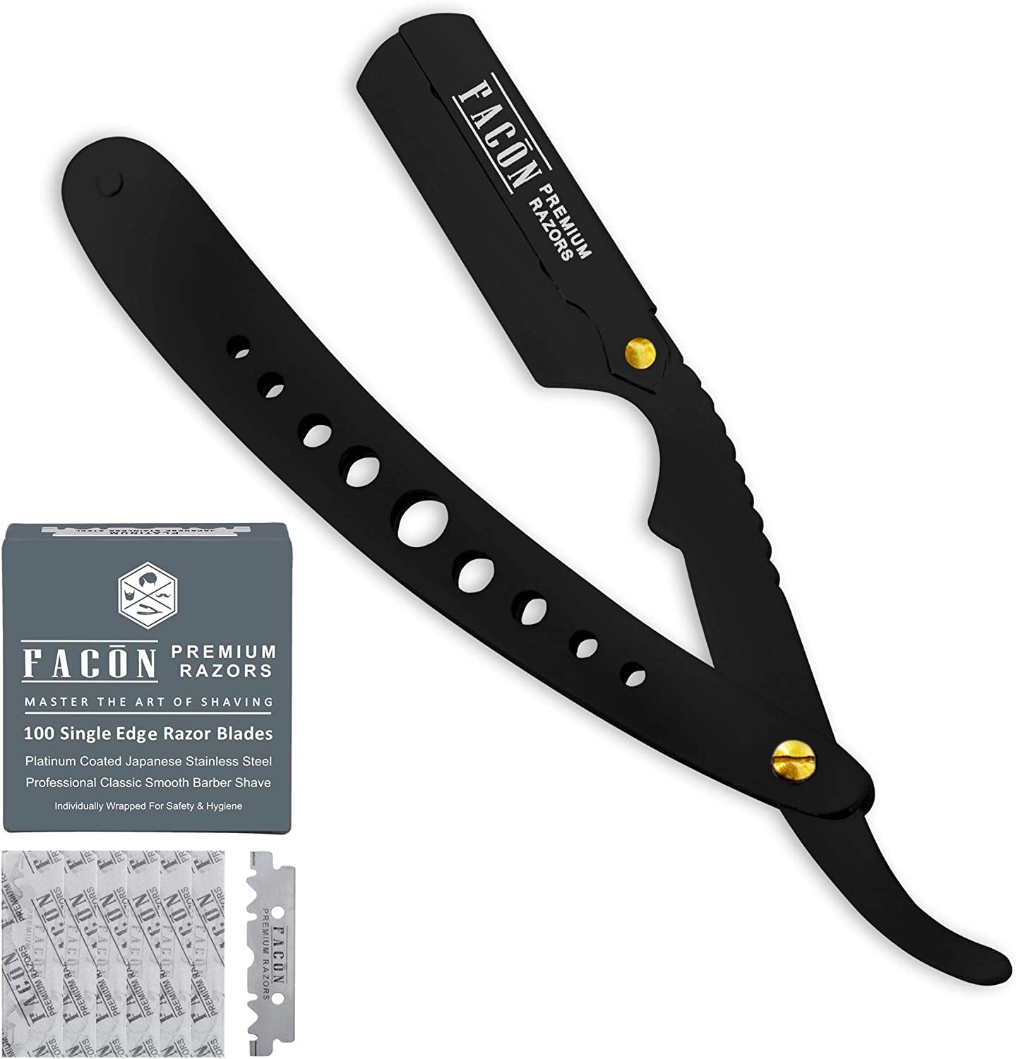 100 BLADES + Facon Professional Classic Straight Edge Barber Razor – Salon Quality Cut Throat Shavette