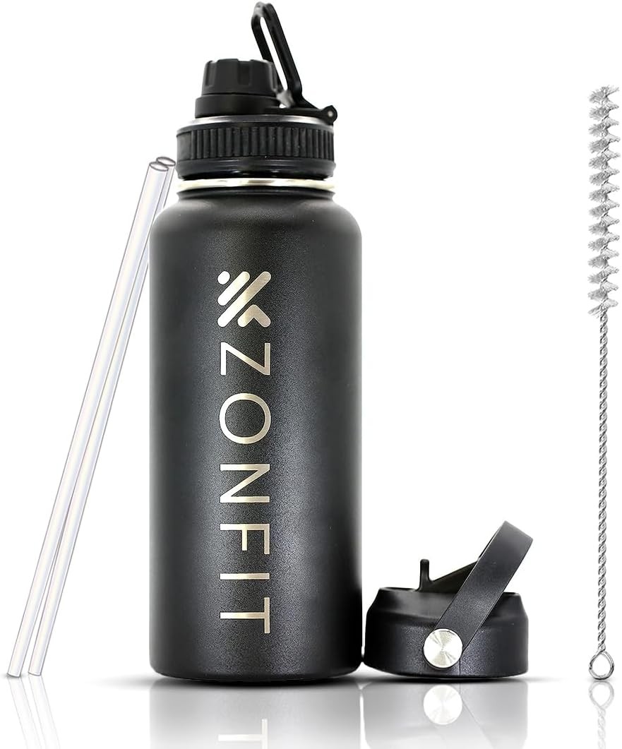 ZONFIT Insulated Water Bottle Double Wall Stainless Steel 1L Thermos BPA Free Drink Bottle Wide Mouth Sports Outdoor Fitness 2 Lids 2 Straws with Straw Cleaner