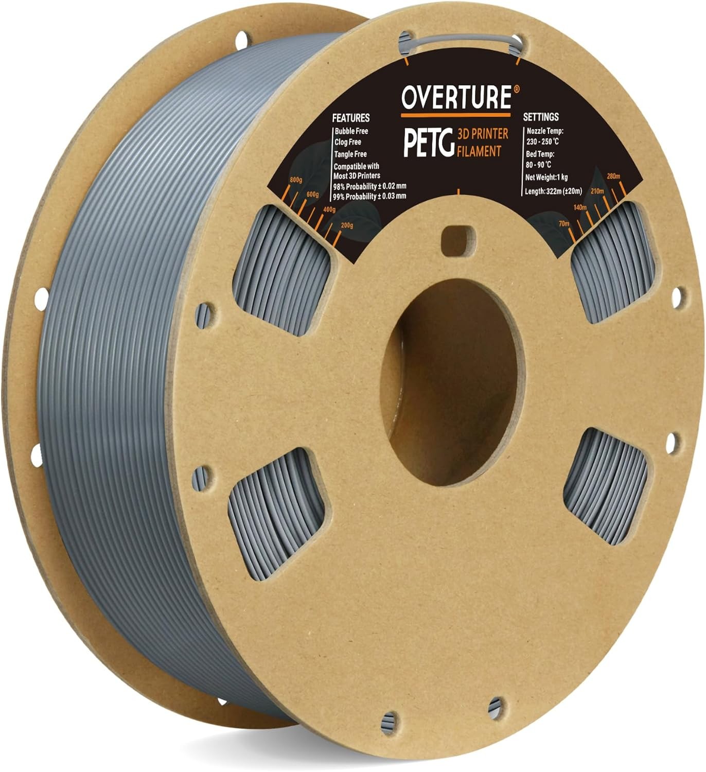 OVERTURE PETG 3D Printer Filament 1.75Mm, 1Kg Filament (2.2Lbs), Dimensional Accuracy 99% Probability +/- 0.03Mm, Fit Most FDM Printers (Light Gray)