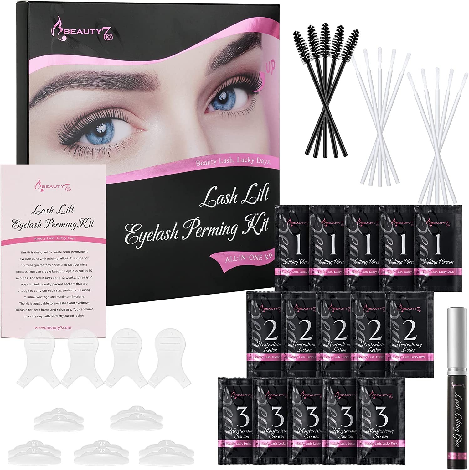 Beauty7 Lash Lift Kit Eyelash Perming Kit Long Lasting Eye Lash Lifting Set Eyelash Perm Kit Eyelash Extension Lifting Semi-Permanent Curling Perming Wave Lash Lifting Kit for Home Salon DIY 5 Times