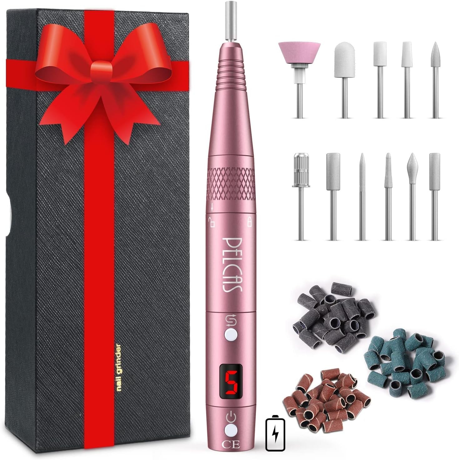 Cordless Electric Nail Drill, Portable Manicure Nail Drill Kit 20000RPM Rechargeable 5 Adjustable Speeds LCD Display 11 Attachments for Acrylic Nails, Polishing, Nail Art