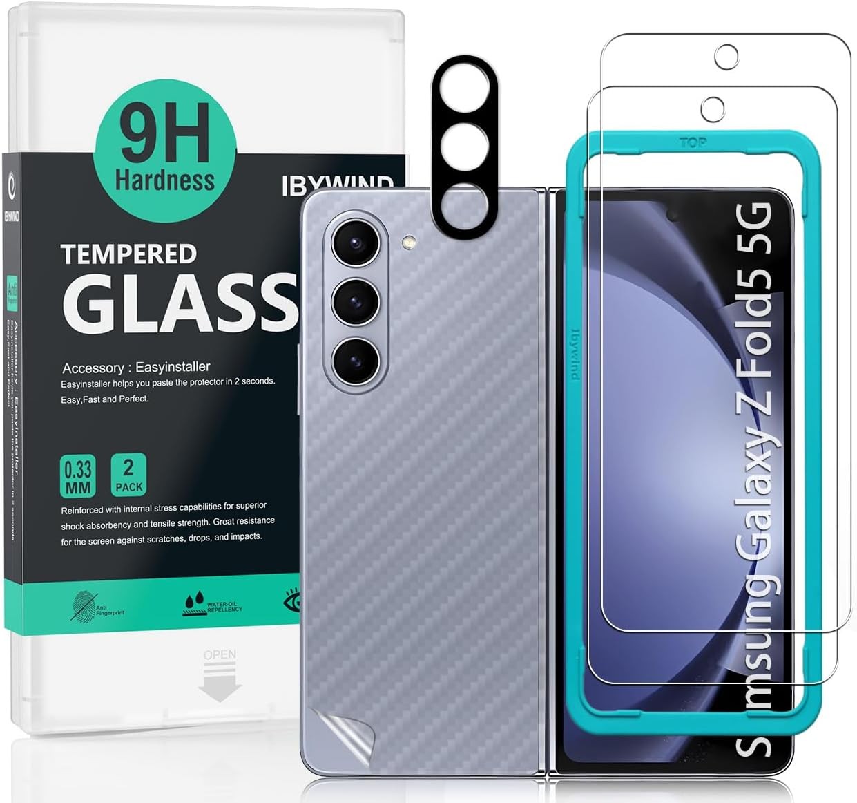 IBYWIND Screen Protector for Samsung Galaxy Z Fold 5 5G,2 Pack 9H Tempered Glass+1 Pack Metal Camera Len Protector+1 Back Film,Hd Clear,Bubble Free,Easy Install,Fingerprint Compatible