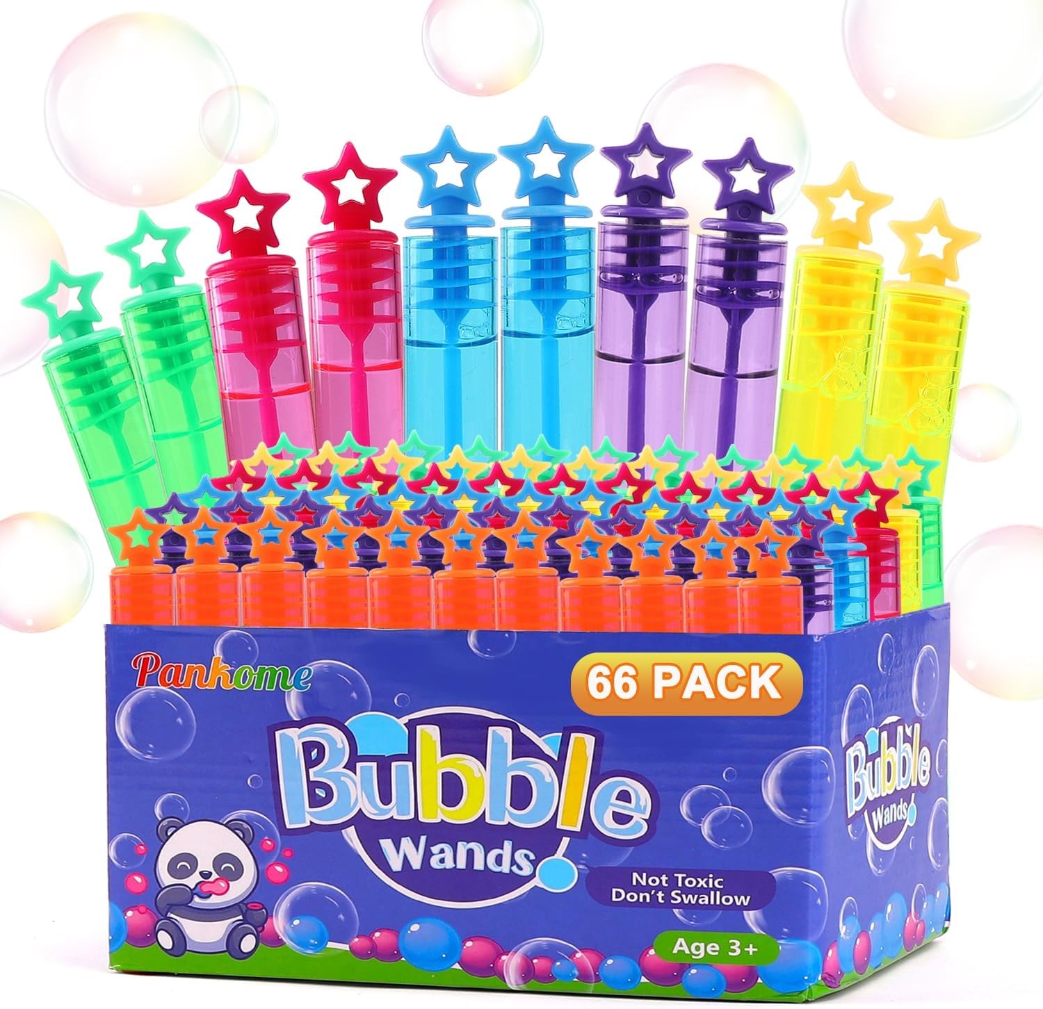 Pankome 66 Pcs Mini Bubble Wands in 6 Colors, Mini Bubbles Bulk Assortment Toys，Bulk Party Favors for Kids, Themed Birthday, Christmas, New Year, Valentine, School Classroom Prizes for Boys & Girls