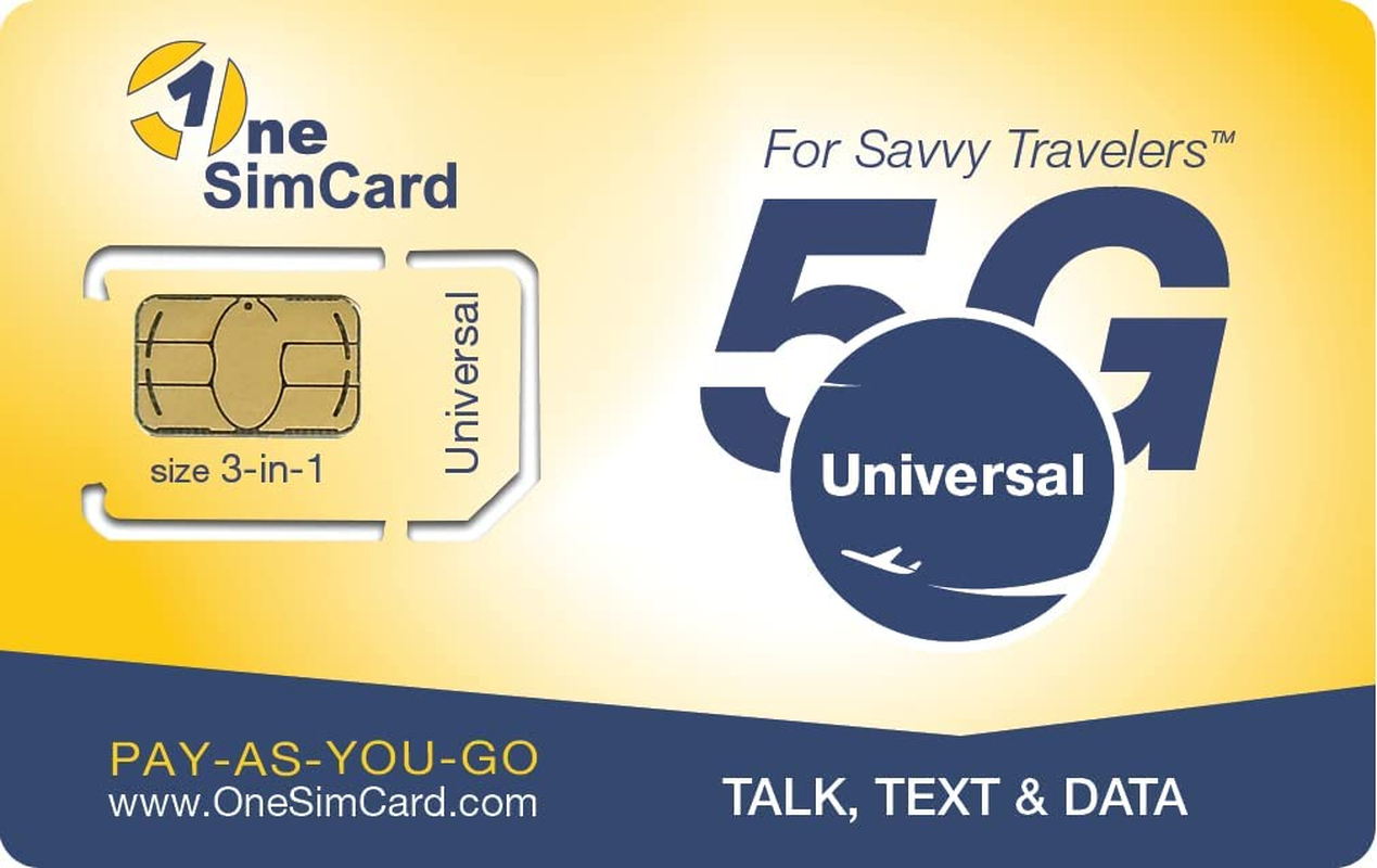 Onesimcard Universal E 3-In-One Travel SIM Card for Use in over 200 Countries with US $5 Credit – Voice, Text and Mobile Data as Low as $0.01 per MB. Compatible with All Unlocked GSM Phones. 4G in 50+ Countries.