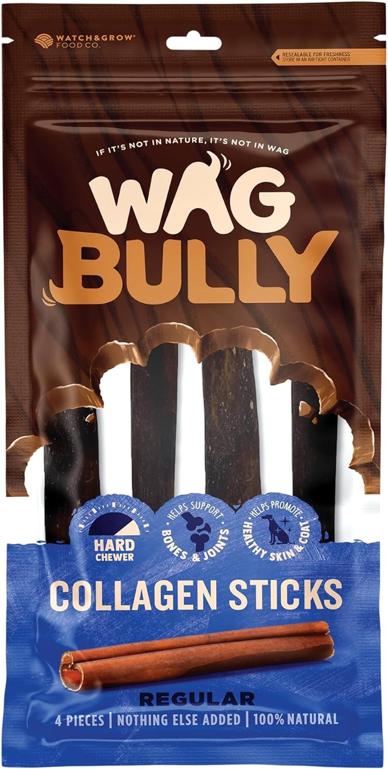 Wag Regular Collagen Sticks, 4 Pack, Natural Long Lasting Dog Treat, Perfect Boredom Busters Chew