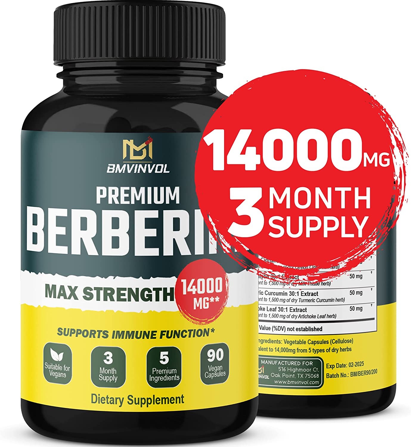 5-In-1 Berberine 14000Mg with Ceylon Cinnamon Milk Thistle Turmeric Artichoke – 30:1 Concentrated Formula Berberine – 3 Month Supply – Immune Heart Support