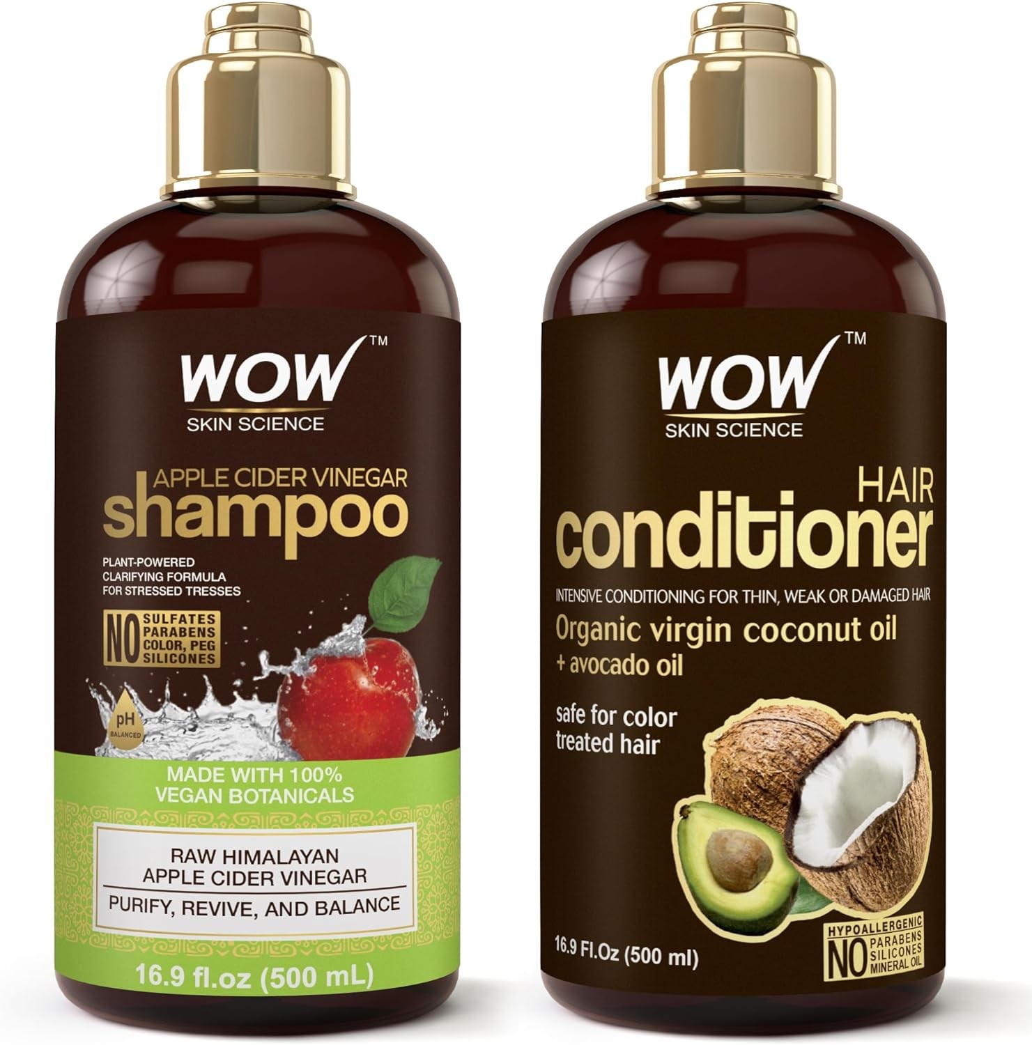 WOW Skin Science Apple Cider Vinegar Shampoo & Conditioner Set with Coconut & Avocado Oil – Men and Women Gentle Shampoo Set – Hair Growth Shampoo for Thinning Hair & Loss – Sulfate & Paraben Free (16.9 Fl Oz Each)