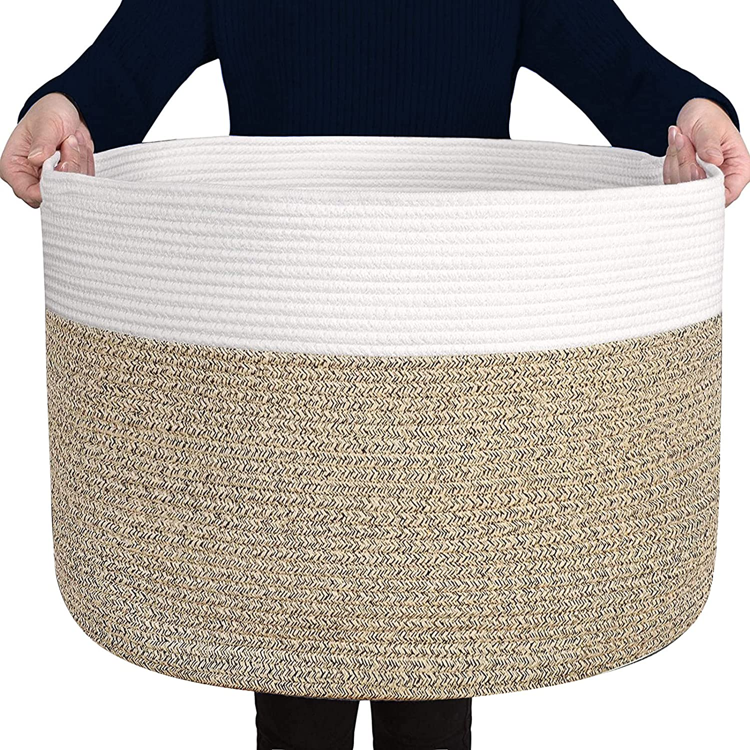 Extra Large 100% Cotton Rope Basket 21.7″ × 21.7″ × 13.8″, SONPENT Woven Storage Laundry Basket Cotton Basket Pillows Storage Bin with Handle for Living Room Home Decor