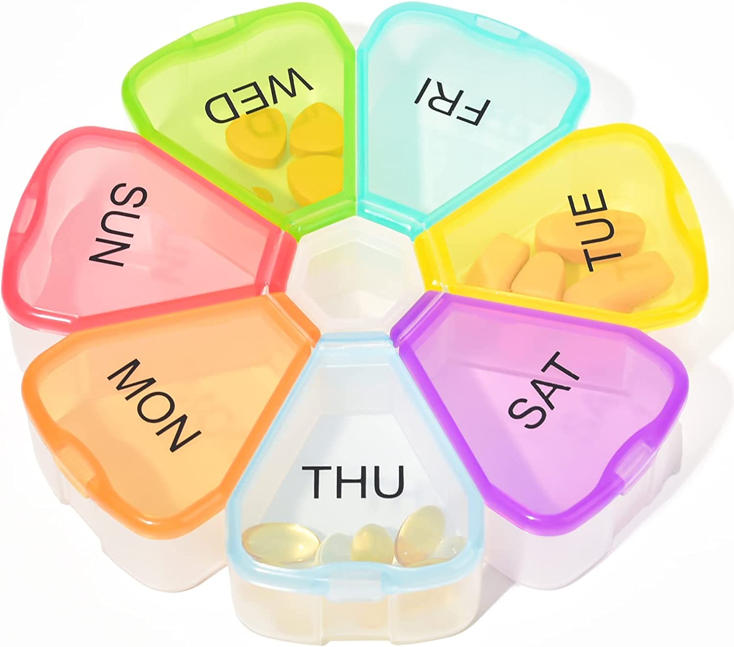 Portable Weekly Pill Box Organiser, Easy to Open 7 Day Premium Quality Tablet Box, Petal Shaped Travel Pill Case with Snap Shut Lids Design