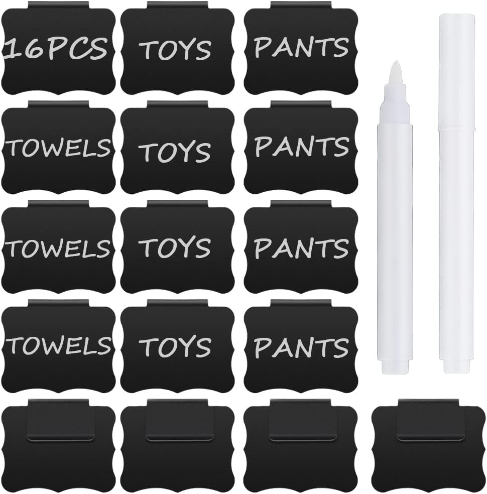 16 Pcs Basket Labels, Chalkboard Stickers Clip on for Storage Bins, Removable Basket Tags Erasable Plastic Bin Clip Box Labels, Name Tag Labels Storage Bin Label for Organization Container