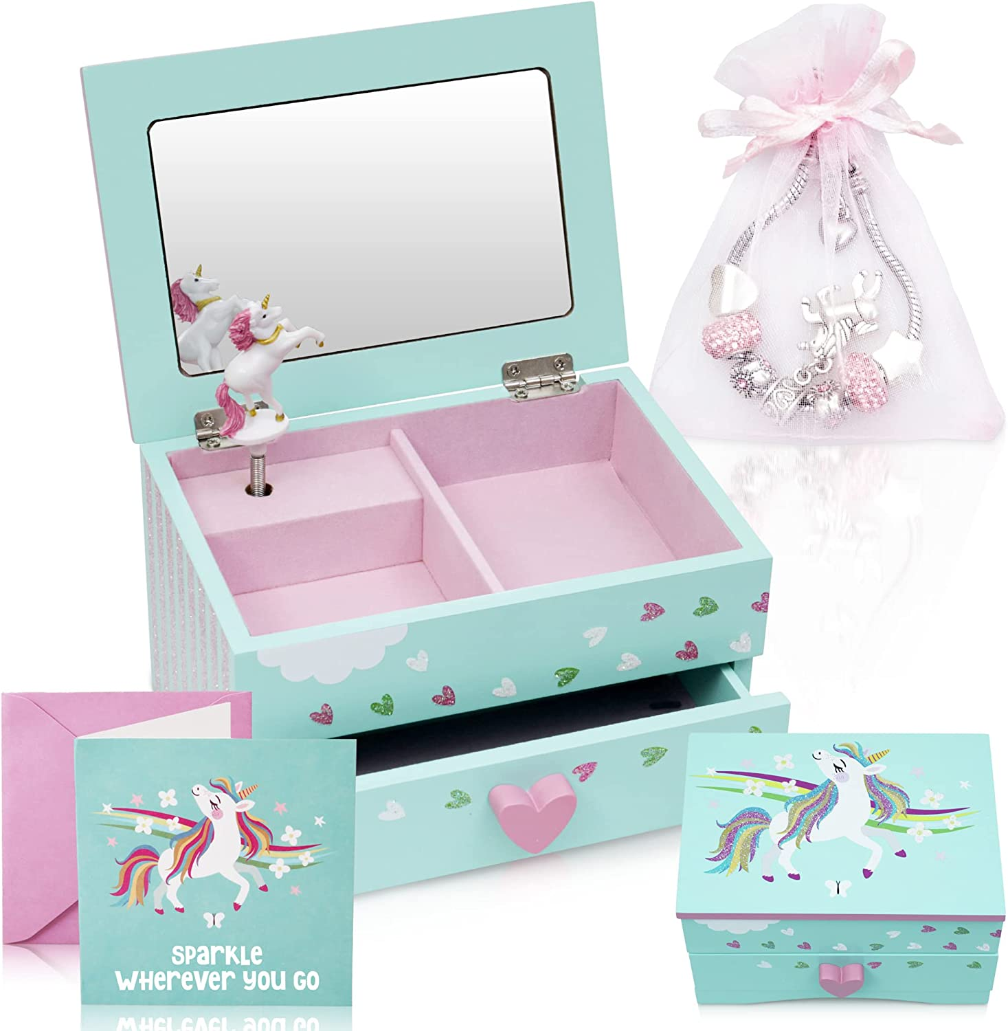 Amitié Lane Unicorn Jewellery Box for Girls plus Augmented Reality Experience (STEM Toy) – Unicorn Music Box with Pullout Drawer and Unicorn Charm Bracelet