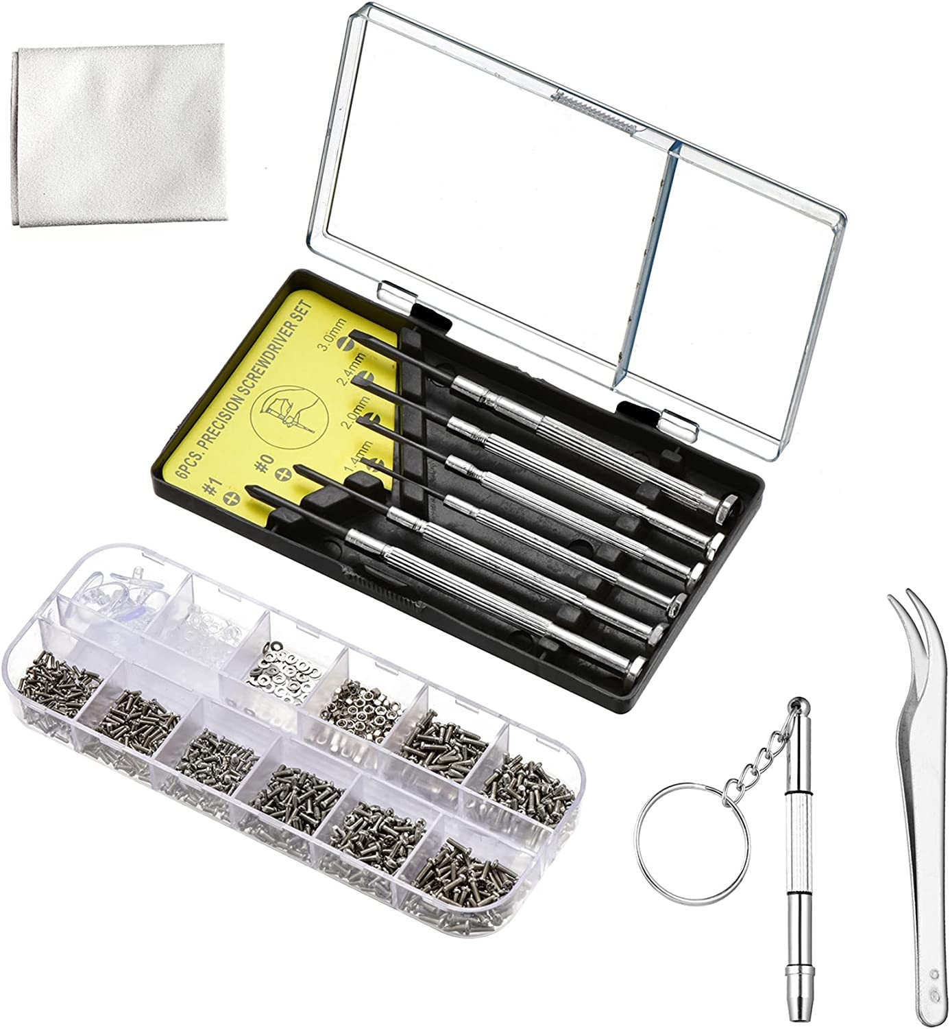 Yenghome Eyeglass Repair Tool Kit,8 PCS Glasses Precision Screwdriver Tool Set with 1000 Pcs Eyeglass Screws Kit and Curved Tweezer for Eyeglass and Sunglass Repair