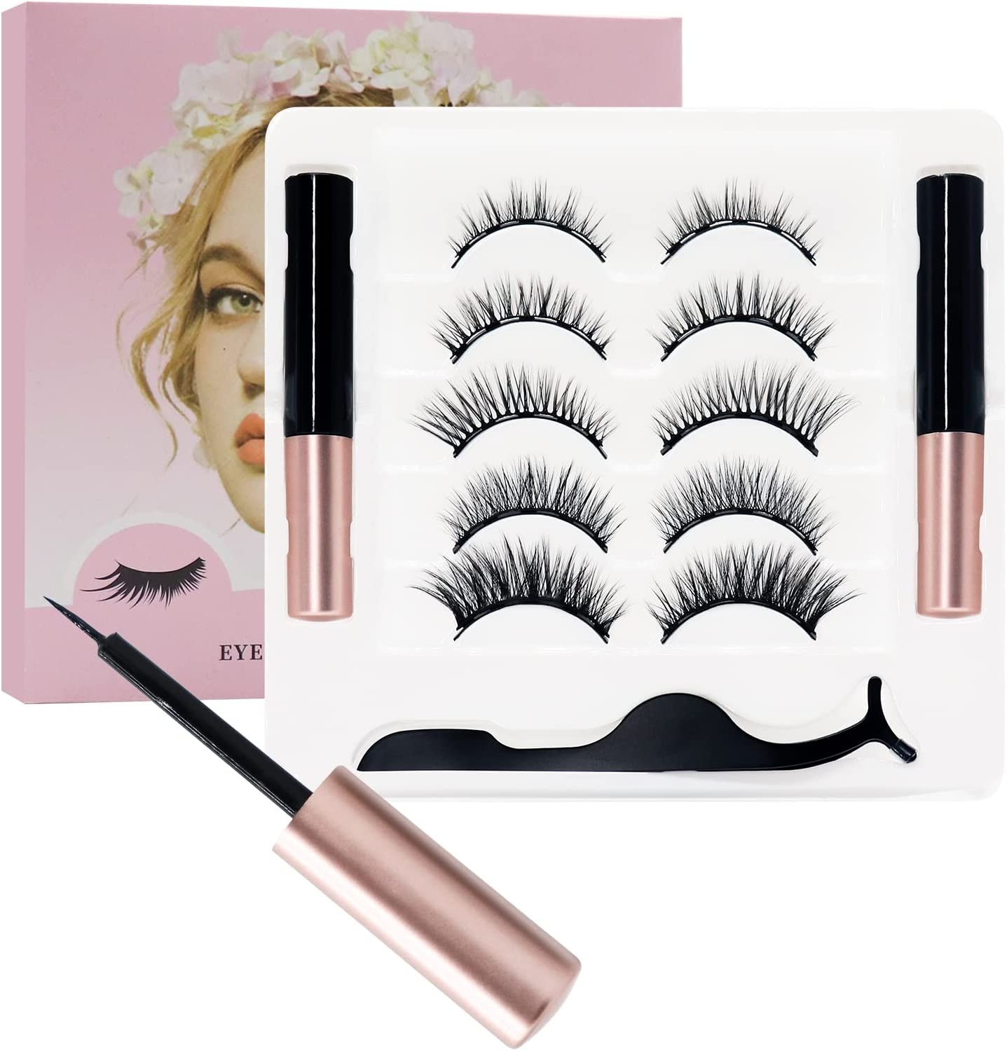 Areumbeauti Magnetic Eyelashes – 5 Pairs 3D Waterproof Magnetic Lashes – 2 PCS Magnetic Eyeliner Kit. -With Tweezer – No Glue Needed