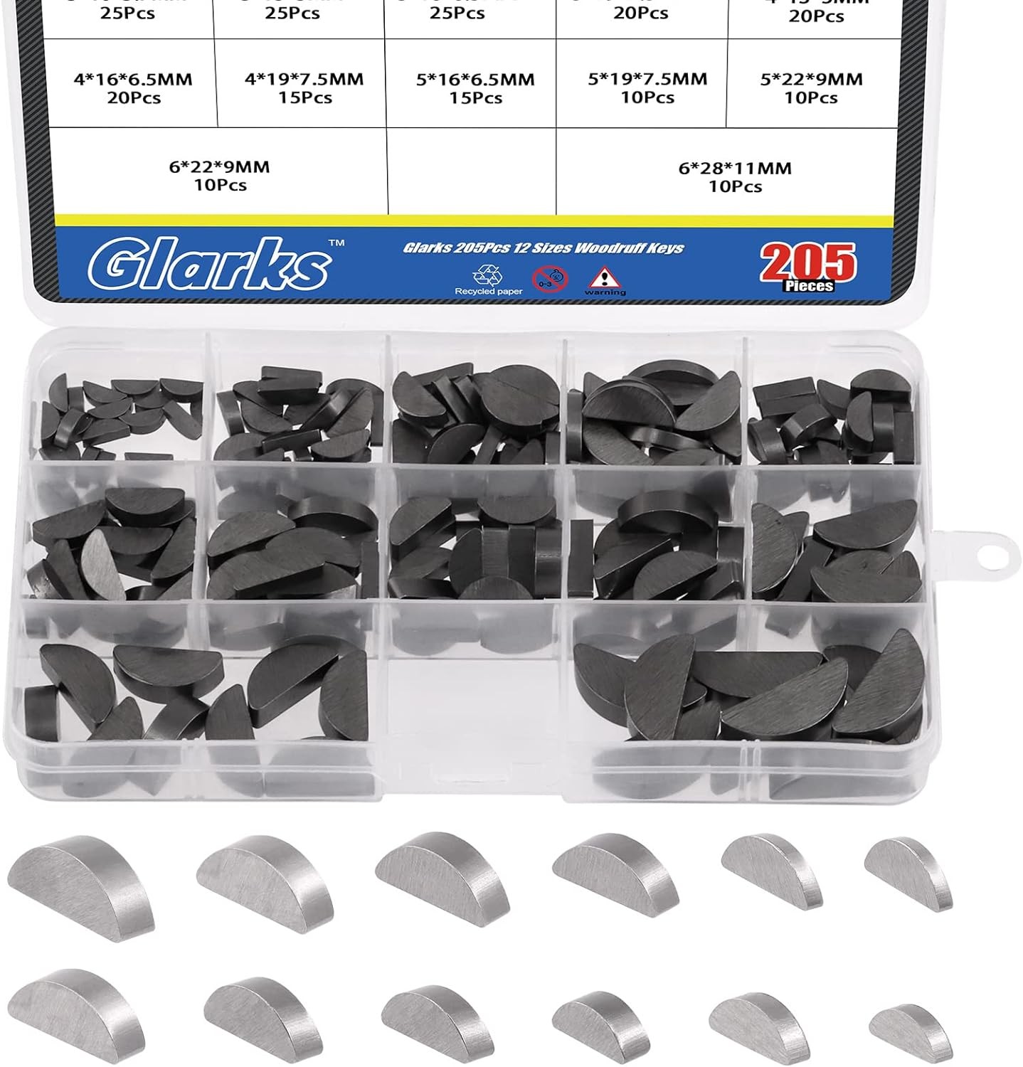 Glarks 205Pcs 12 Sizes Woodruff Keys Assortment Carbon Steel Woodruff-Key Semi-Circular Keys Metric Set for Fasteners Mechanical Industry