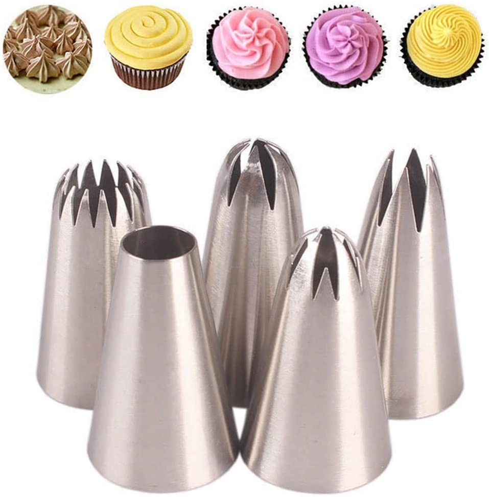 Idopick 5Pcs Large Piping Tips Stainless Steel, Piping Tips Piping Nozzles Cake Piping Icing Nozzles Cake Decorating Tips Set for for Pastry Fondant (5 Pcs, 1M# 2A# 2D# 2F# 6B)