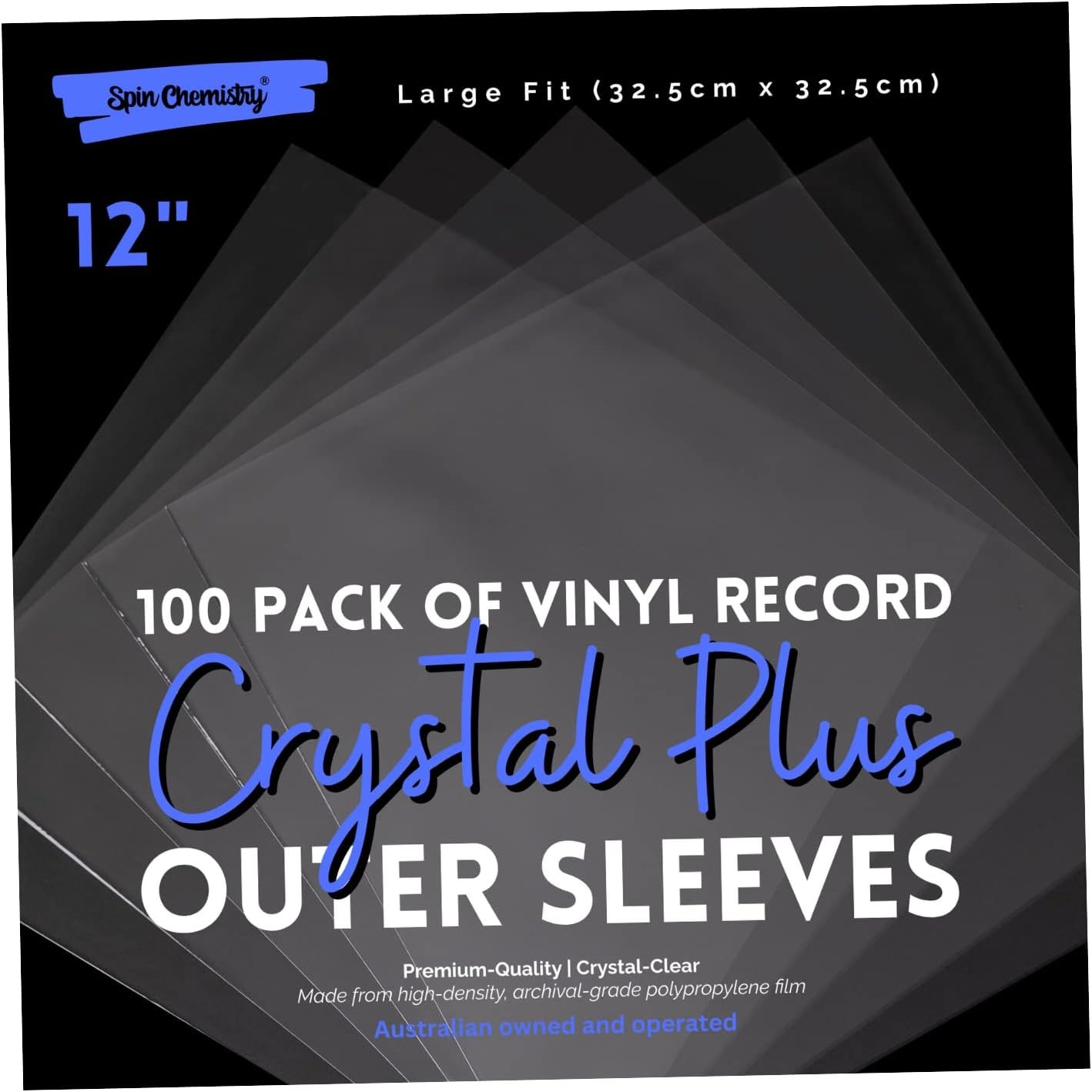 100 Pack of 12-Inch Vinyl Record Outer Sleeves | Thin Crystal Clear Spin Chemistry Sleeves (Plus Size)