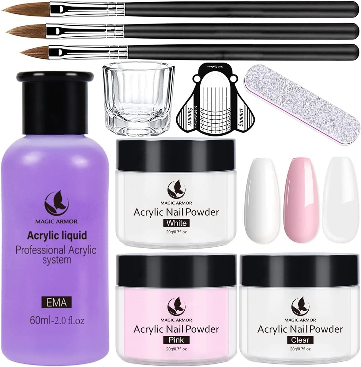 MAGIC ARMOR Acrylic Nail Kit Acrylic Powder and Professional Liquid Monomer Set with Acrylic Nail Brush Tips for Acrylic Nails Extension Beginner Kit for Acrylic Nails Extension Beginner Kit (60Ml Set)