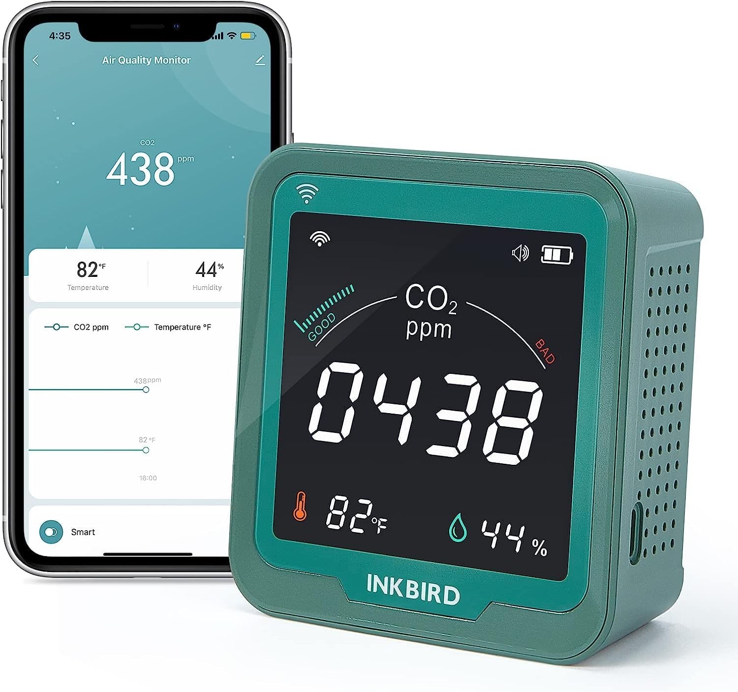 INKBIRD Wifi Indoor Air Quality Monitor, CO2 Detector, Accurate NDIR Sensor, Temperature and Relative Humidity, Indoor CO2 Meter with Data Logger, for Cars, Wine Cellars, Grow Tents, Homes (INK-CO2W).