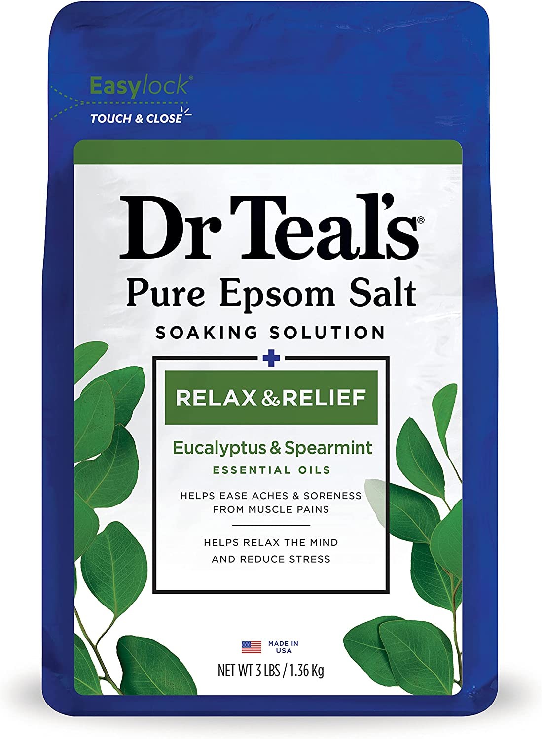 Dr Teal’S Pure Epsom Salt Soak, Relax & Relief with Eucalyptus & Spearmint, 3Lbs