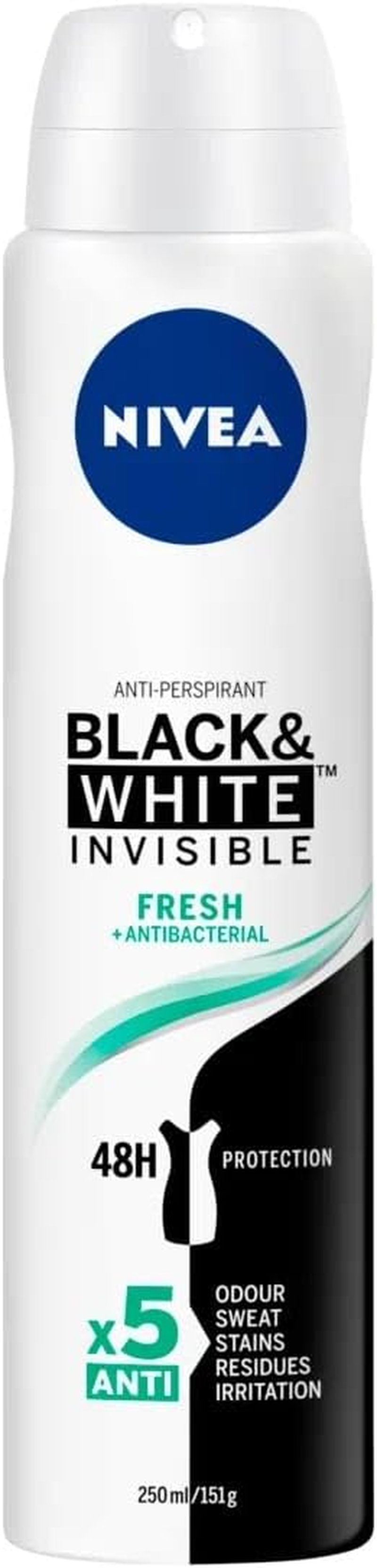 NIVEA Black and White Invisible Fresh Aerosol Deodorant (250Ml),48Hr Anti-Perspirant Deodorant for Women, Female Deodorant Spray with Anti-Stain and Fresh Scent