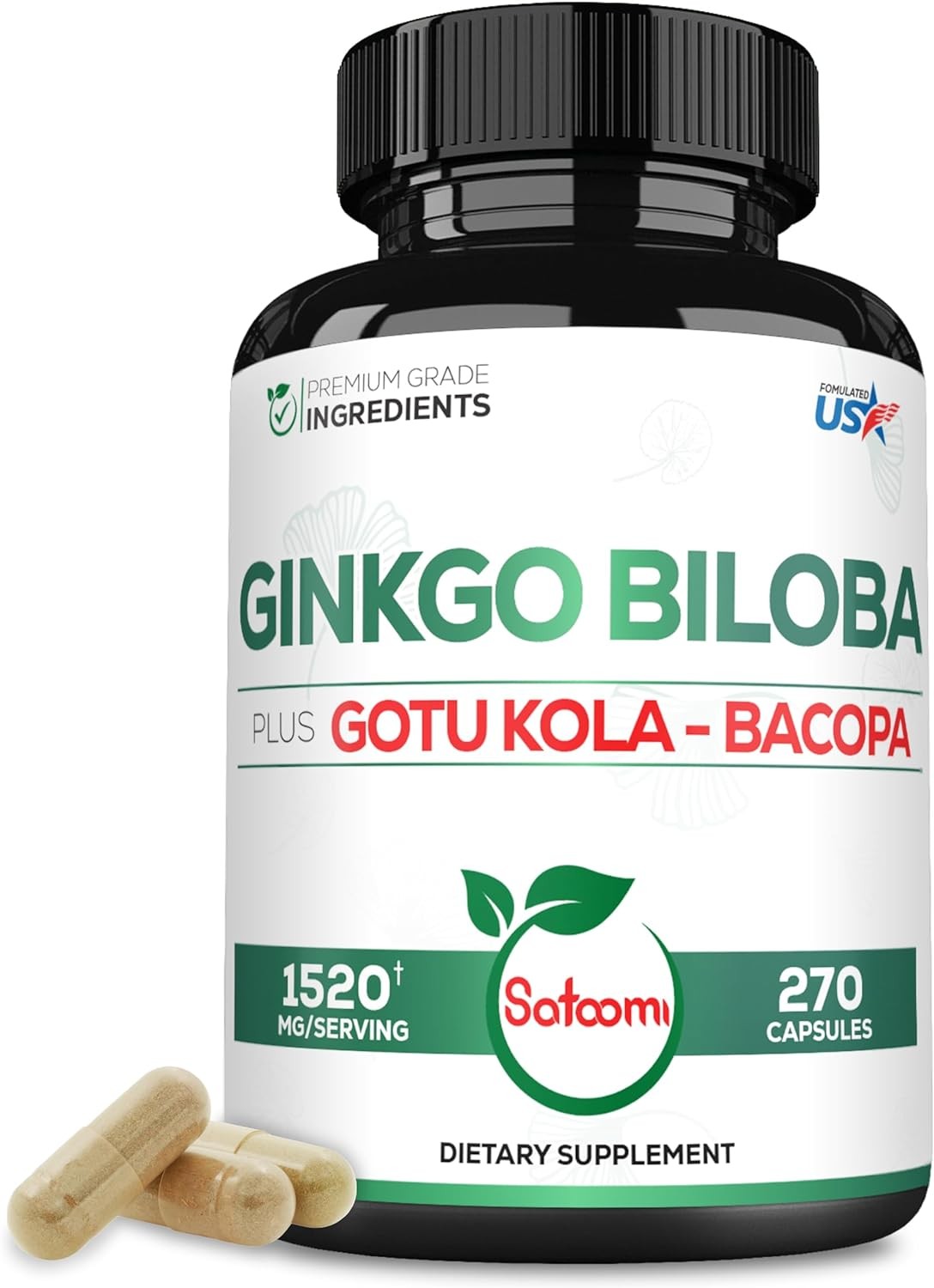 1520Mg Ginkgo Biloba Supplements with Gotu Kola Leaf, Bacopa Monnieri – Extra Strength Support for Brain Health, Memory Function, Focus & Vision Quality- 270 Capsules for 3-Month Supply