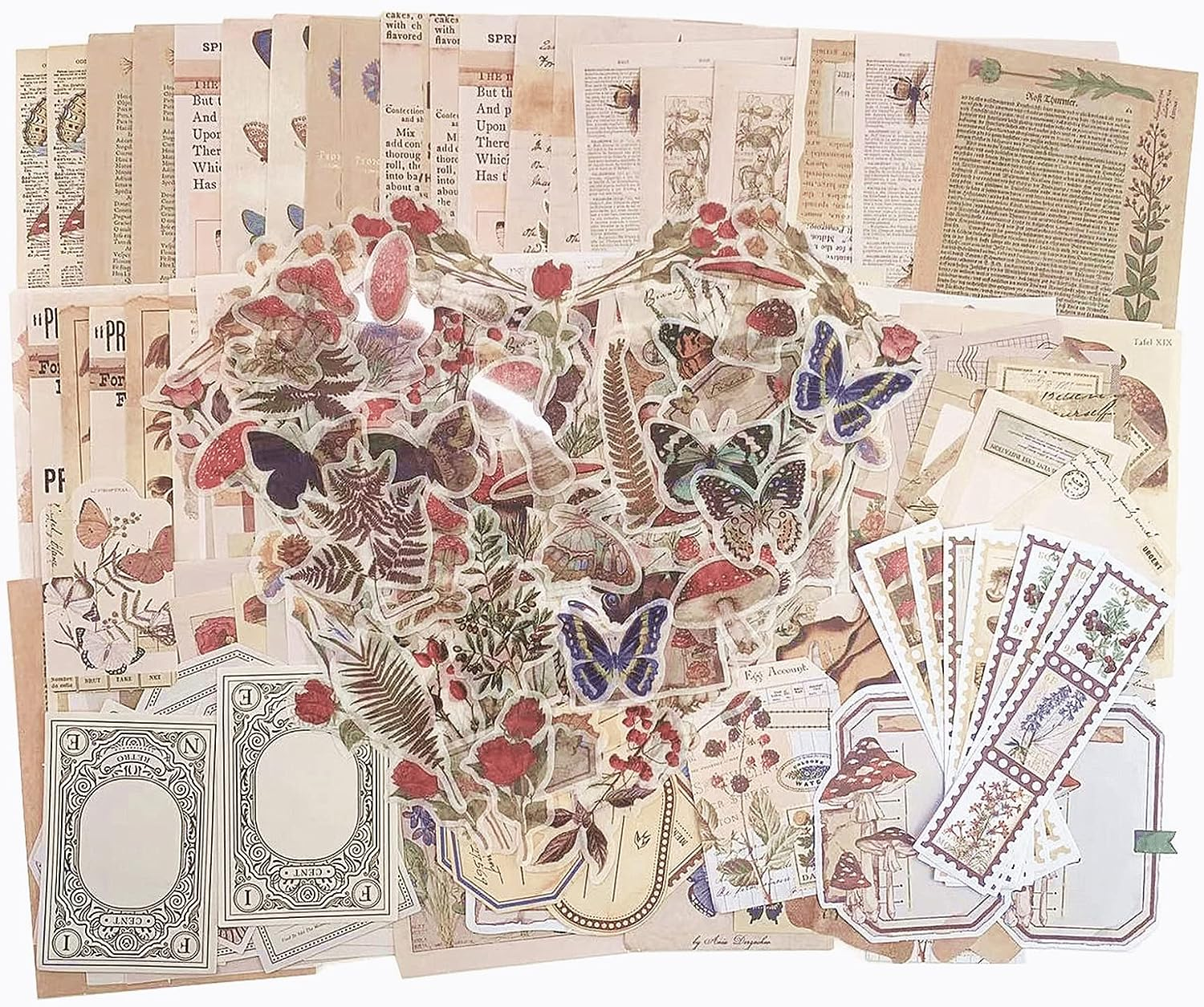 AUXIN 200 Pcs Vintage Scrapbook Supplies Pack for Junk Journal Planners, Nature Creatures Painter Artistic Notebook Collage Album Aesthetic Picture DIY Paper Stickers Craft Kits (Vintage)