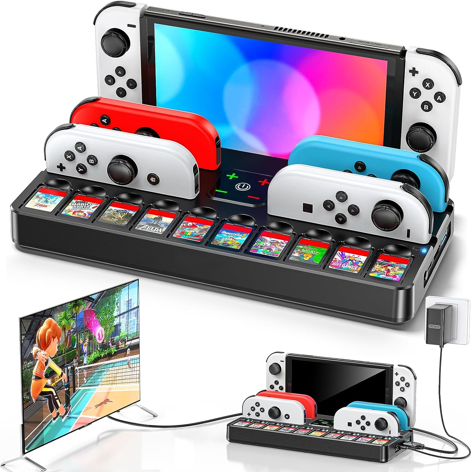 Switch TV Docking Station with Joycon Charger, Replacement for Switch TV Dock with 4K HDMI Switch TV Adapter, Switch Base Station Charging Stand with Switch Controller Charger & 10 Game Slots