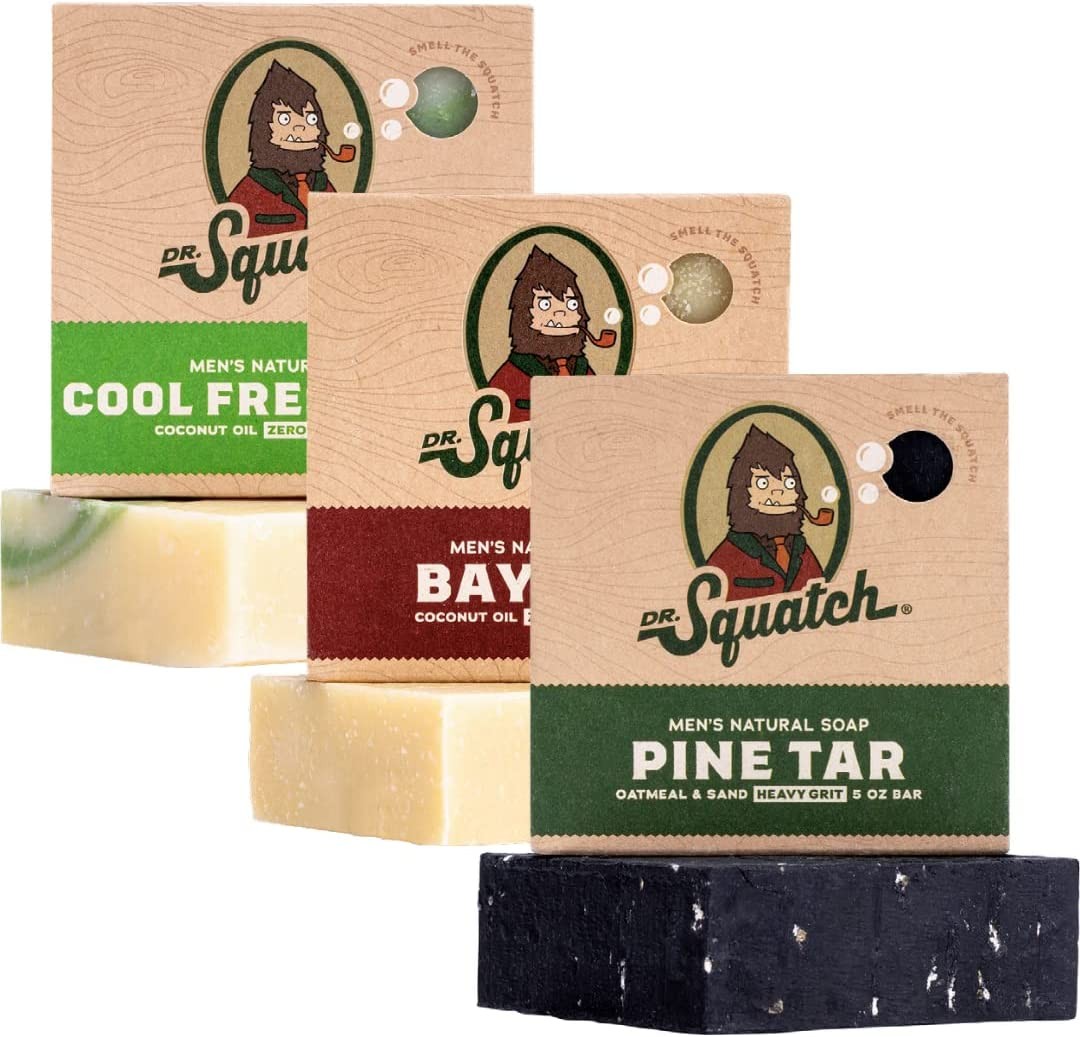 Dr. Squatch All Natural Soap Bar for Men, 3 Bar Variety Pack – Birchwood Breeze, Fresh Falls, and Wood Barrel Bourbon