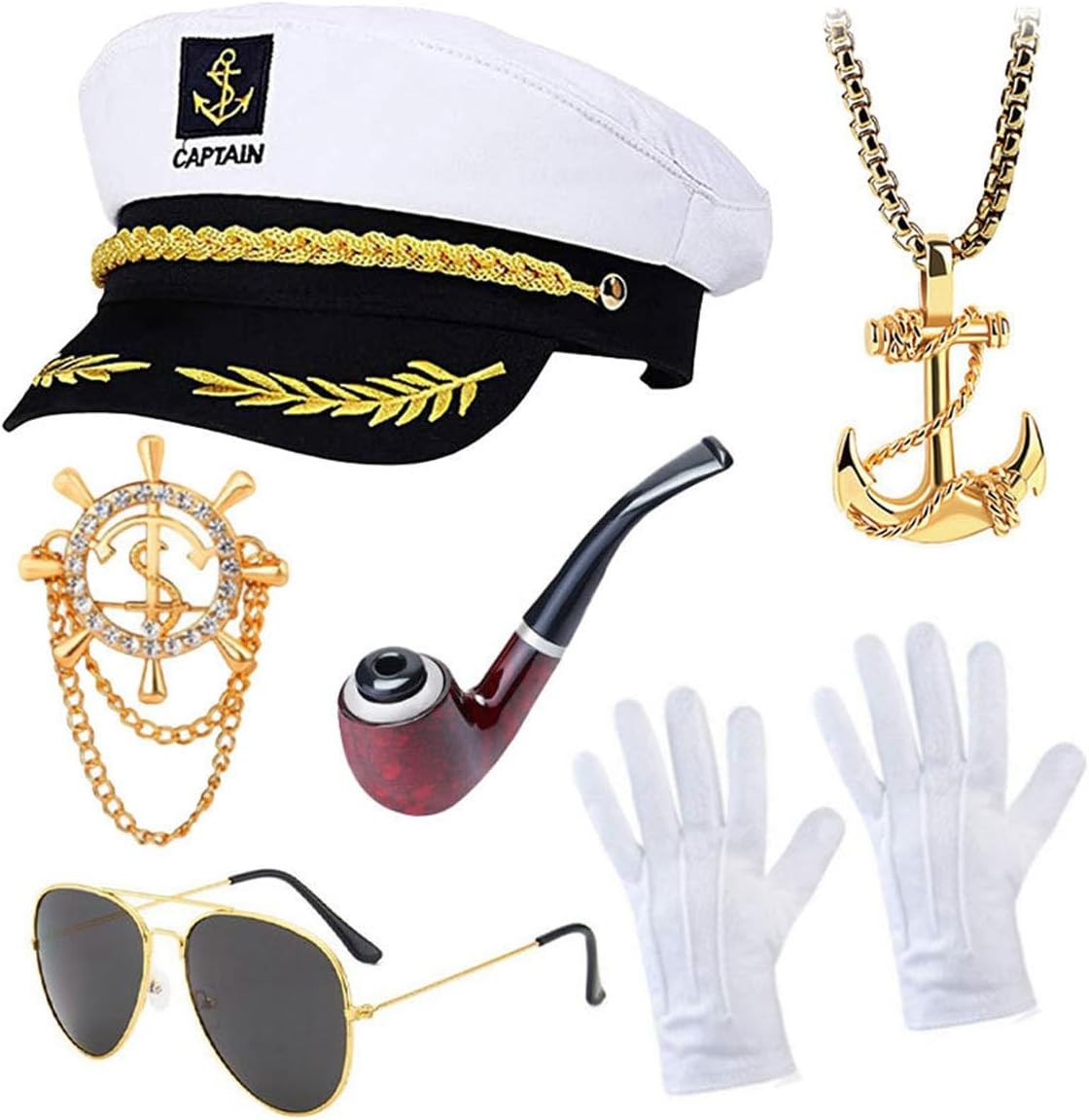 6 Pieces Yacht Captain Hat Costume Accessories Set, Costume Accessory for Navy Masquerade Party, Include Adjustable Costume Hat, Pilot Sunglasses, 2X Vintage Anchor Badge Sailor Accessories, 1X Toy Pipe and Gloves.