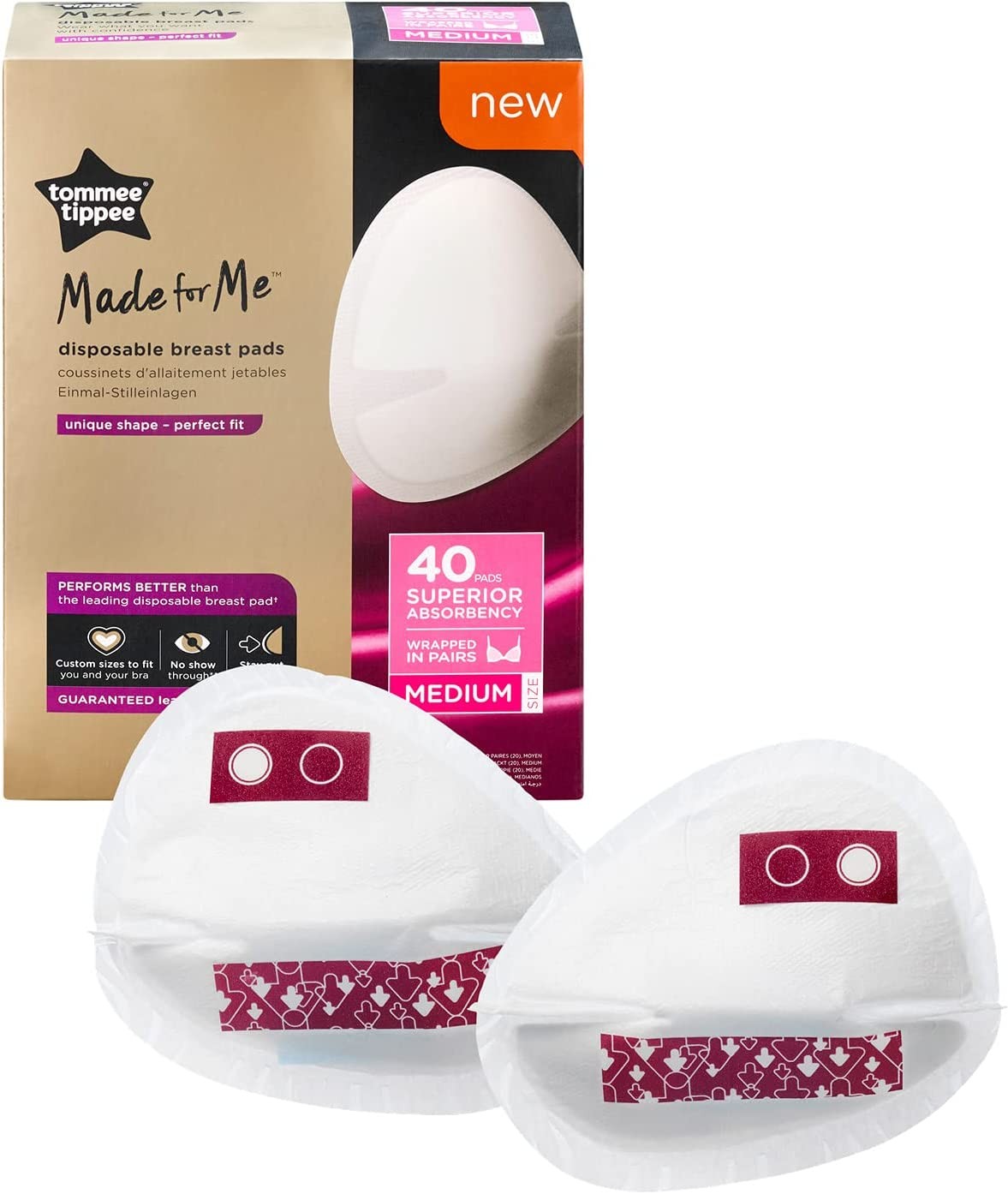 TOMMEE TIPPEE Made for Me Daily Disposable Breast Pads, Soft, Absorbent and Leak-Free, Contoured Shape, Adhesive Patch, Medium, Pack of 40