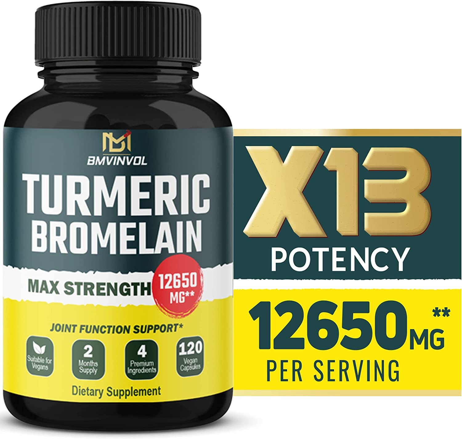 𝟏𝟐𝟔𝟓𝟎𝐦𝐠 Turmeric Curcumin Quercetin with Bromelain & Black Pepper – Immune Support & Joint Support Supplement – Organic Tumeric for Inflammation Balance – 𝟏𝟐𝟎 𝐂𝐚𝐩𝐬𝐮𝐥𝐞𝐬