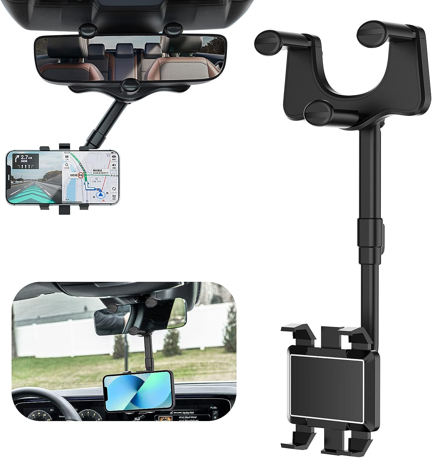 Bigqin Car Rearview Mirror Phone Holder,Mobile Phone Smartphone Holder,360 Degree Adjustable Rodent Mount,Universal Rearview Mirror GPS Mount for Car