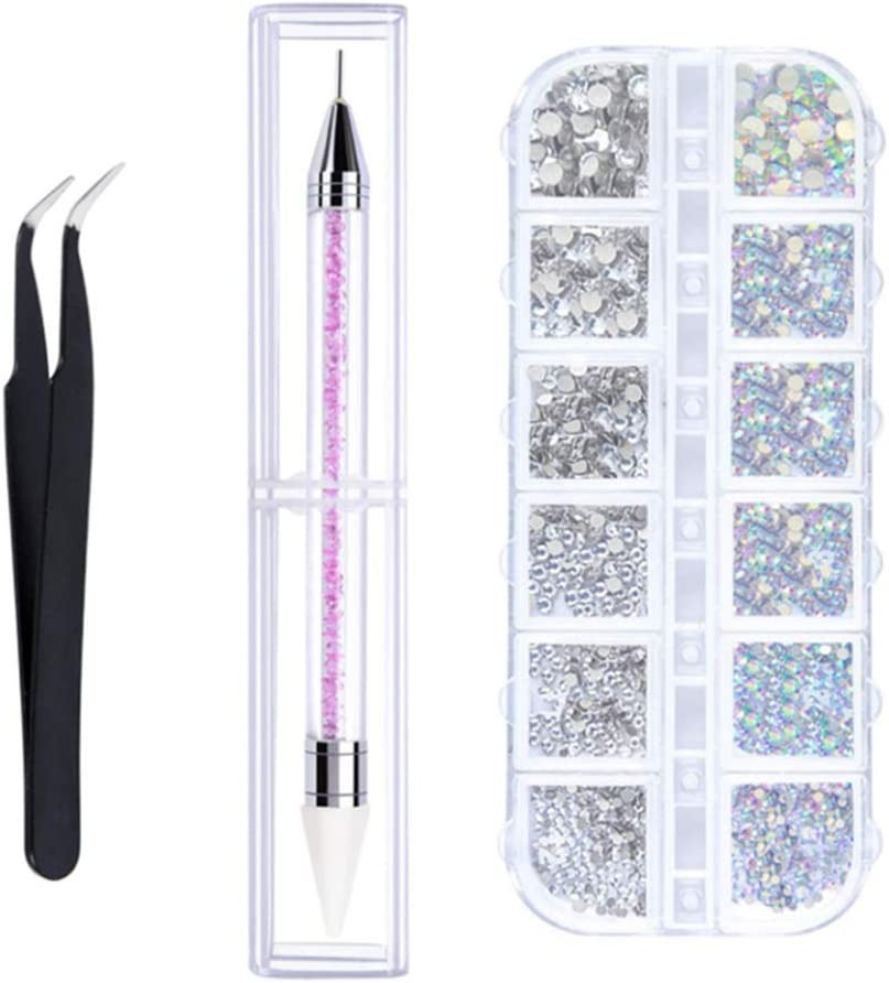 6 Sizes Nail Rhinestones Jewels with Diamond Painting Pen and Pick up Tweezer – Embroidery, Cross Stitch, Nail Art – Crystal Flatback AB and Clear Rhinestones – 1500 Pieces