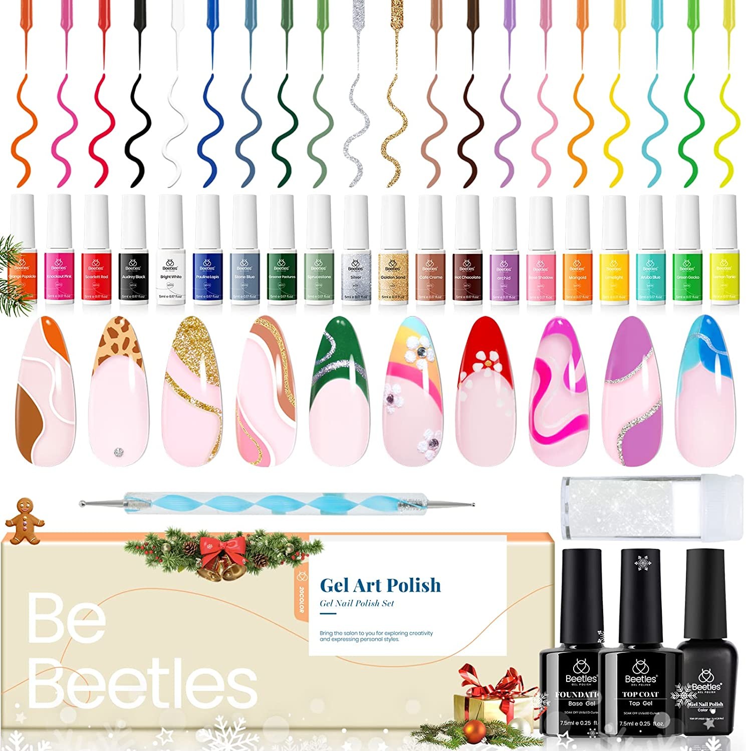 Beetles Gel Polish Nail Art Liner Gel Set-20 Colors Gel Art Paint for Swirl Nails with Base Top Coat Thin Nail Brush in Bottle Soak off White Black Red Silver Nude Glitter Gel