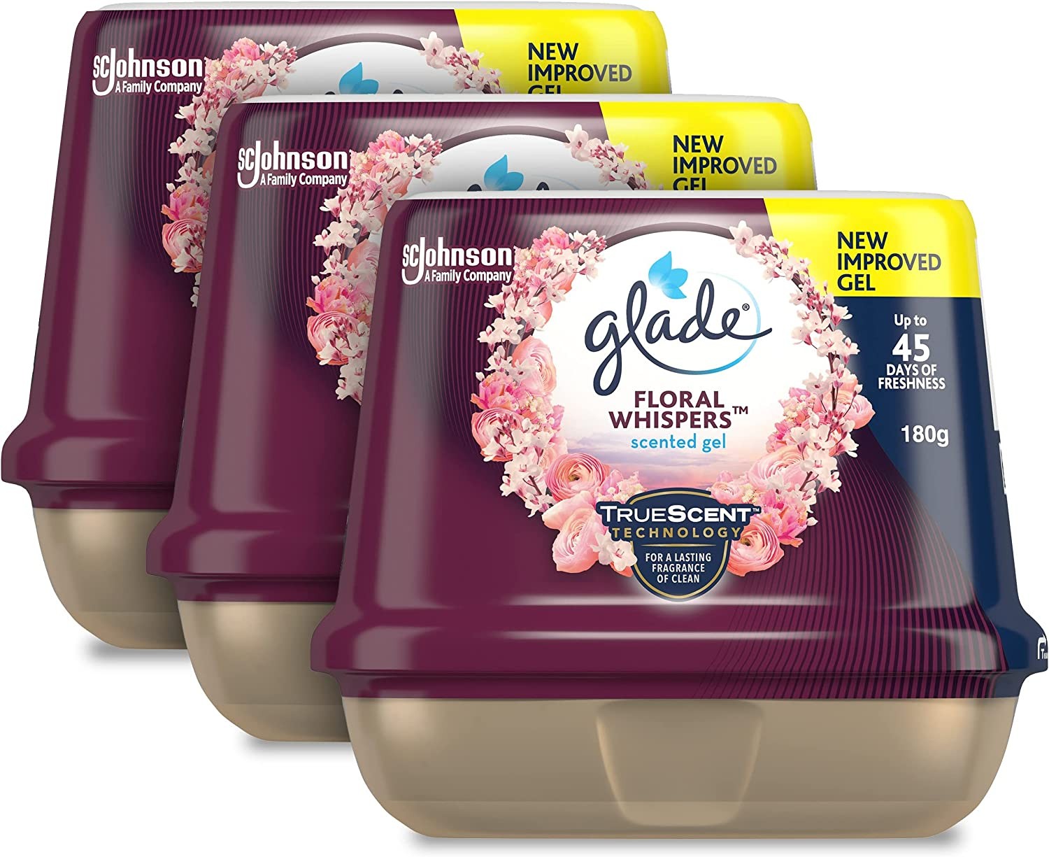 Glade Scented Gel Air Freshener, Eliminate Odours for up to 45 Days, Floral Whispers Scent, 180G, 3 Pack