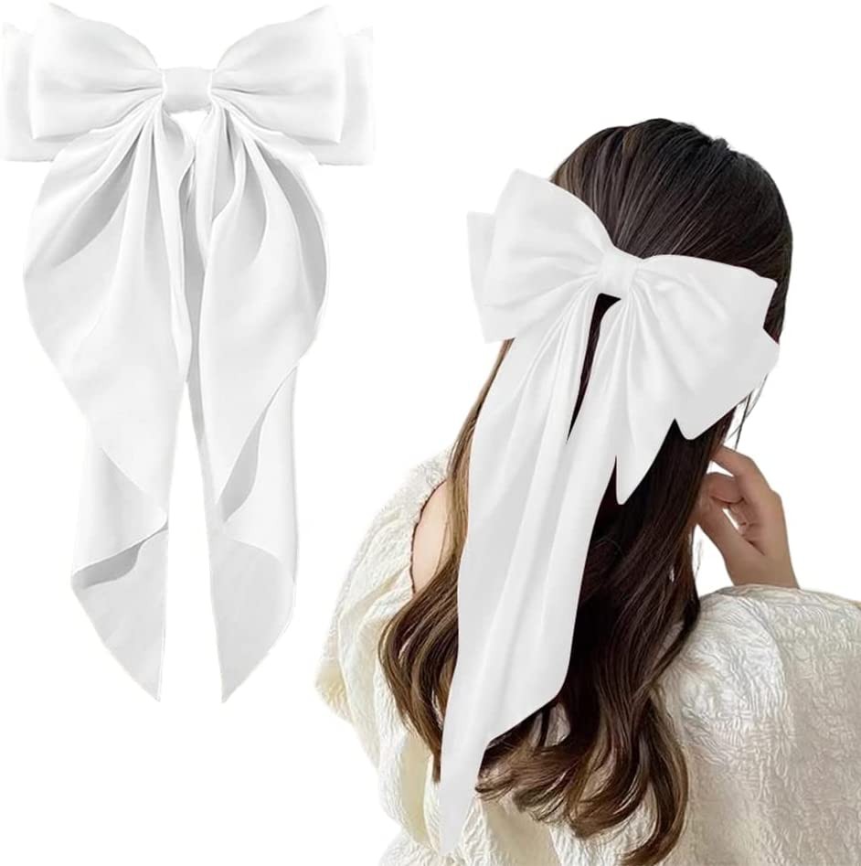 Large Hair Bow Clips for Women Girls Silky Satin Hair Barrette with Long Ribbon Tail White Hair Bow Slides Wedding Hair Accessories for Women Girls